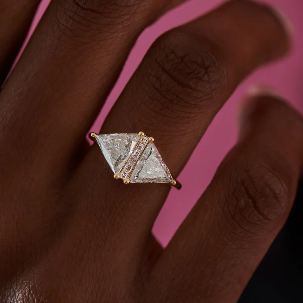 Salt & Pepper Trillion Cut Diamond Rhombus Engagement Ring - Image 3