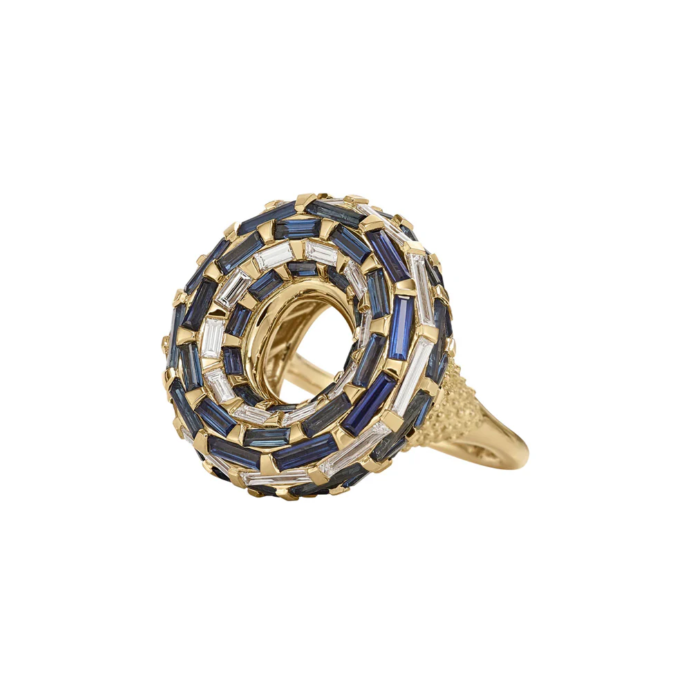Saturn Moons Ring with Blue Sapphire & White Diamond Baguettes - Image 2
