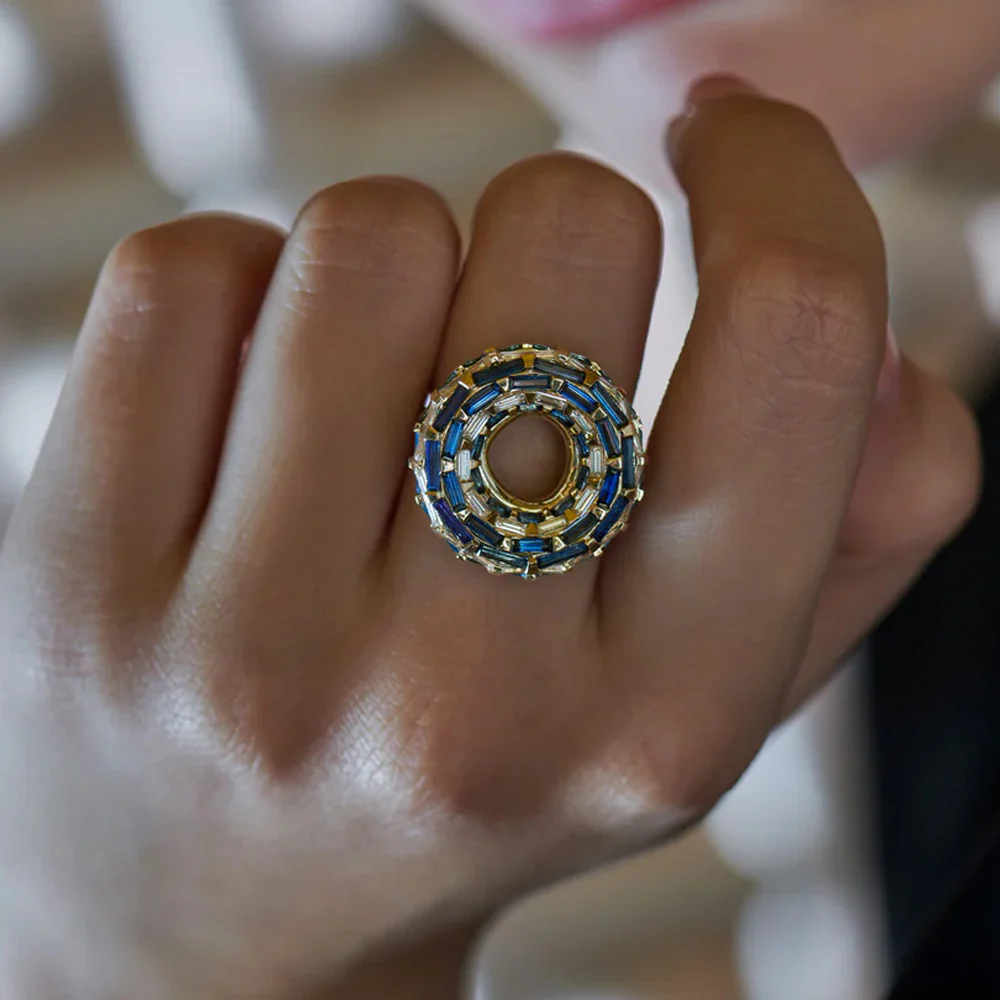 Saturn Moons Ring with Blue Sapphire & White Diamond Baguettes - Image 3