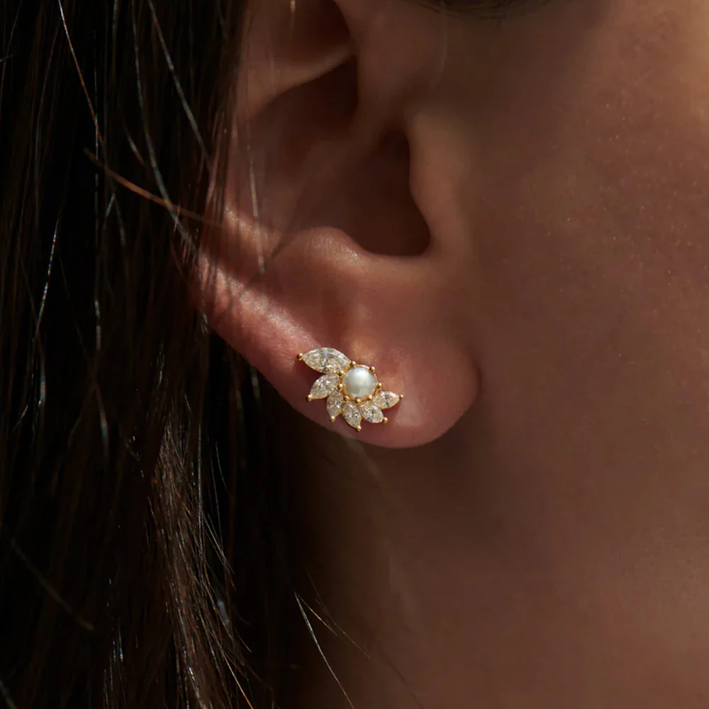 Camellia Diamond & Pearl Stud Earrings - Image 3