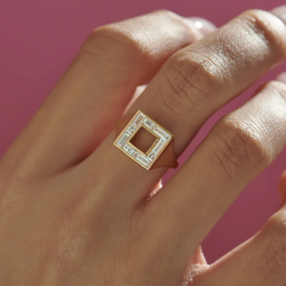 Geometric Baguette & Carre Diamond Signet Ring - Image 3