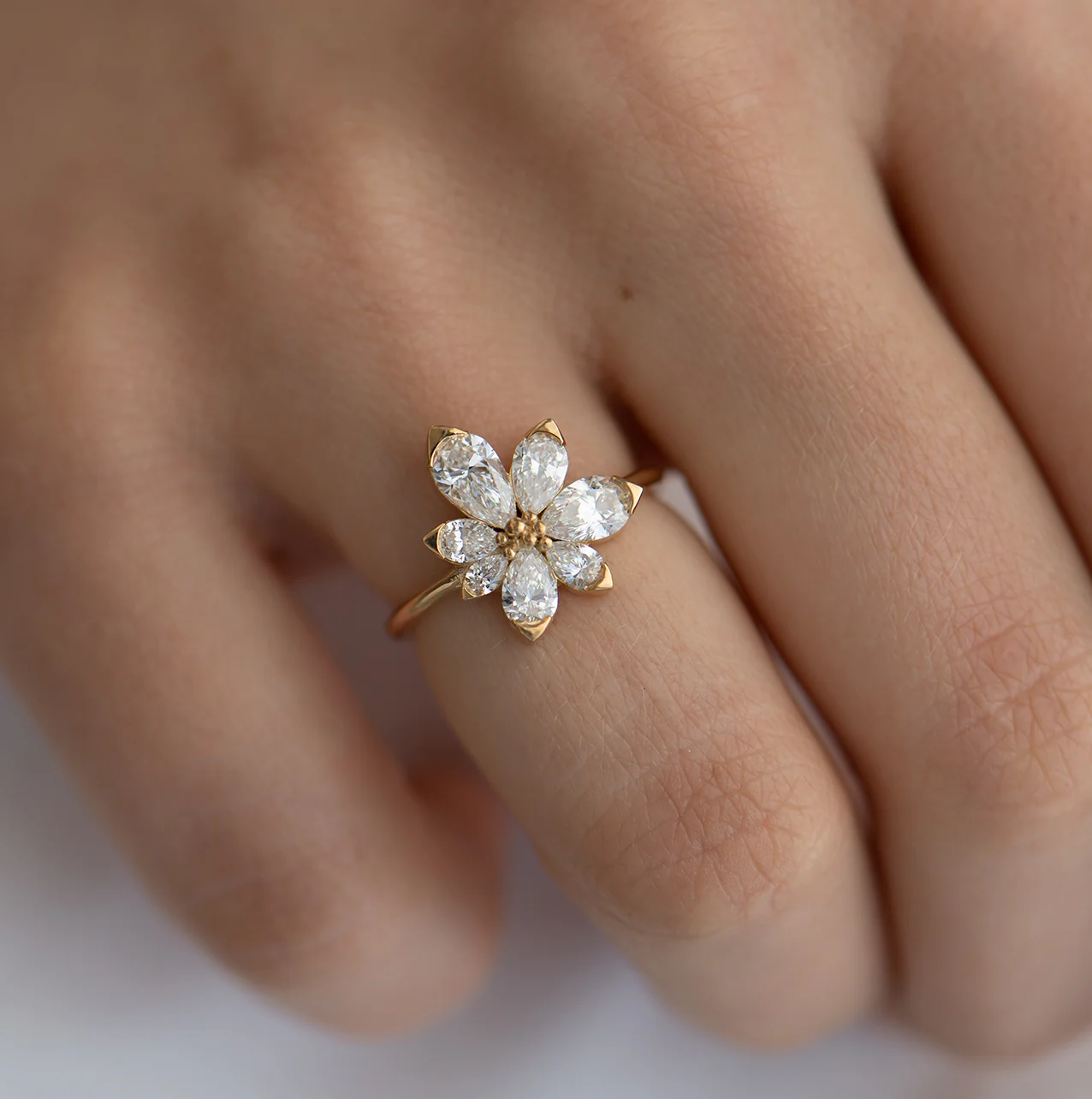 Asymmetric Blossom Engagement Ring with Pear Cut Diamonds - Image 7