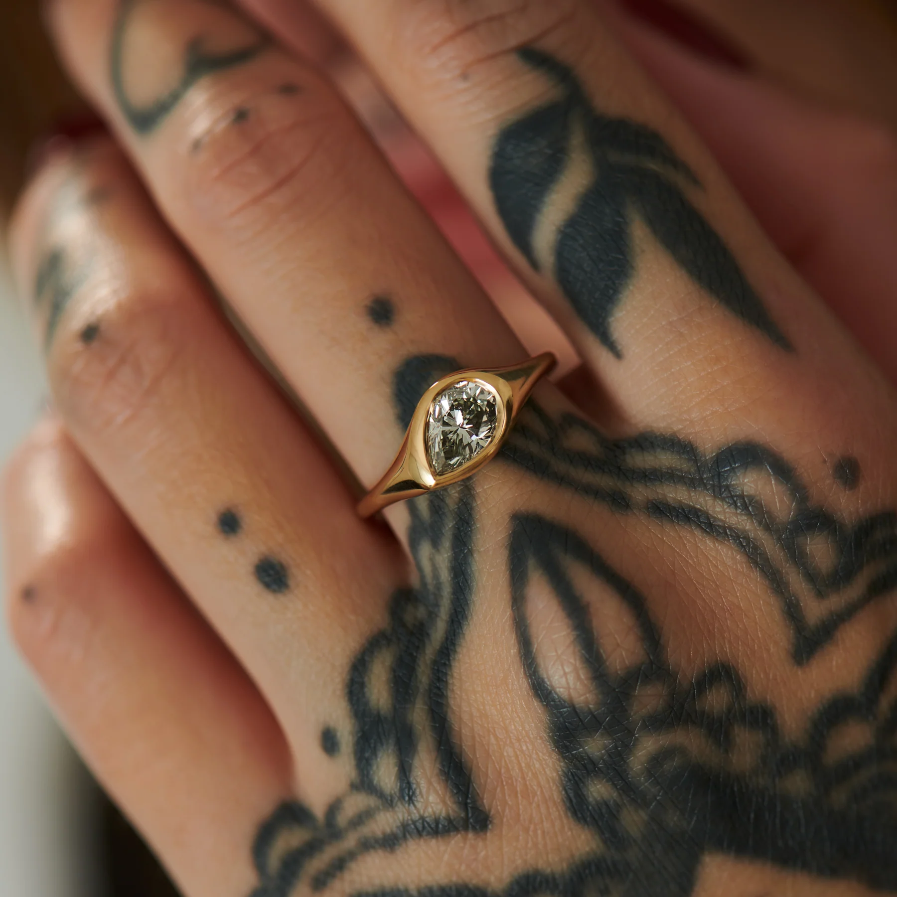 Elation OOAK Salt & Pepper Pear Cut Diamond Signet Ring - Image 3