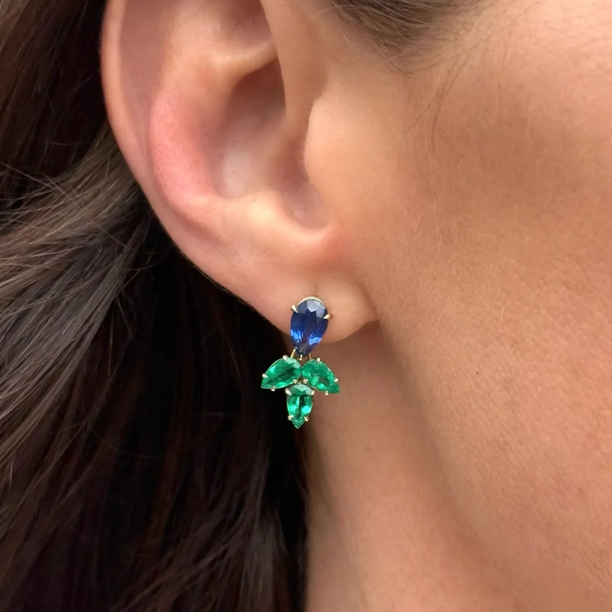 Blue Sapphire & Emerald Pear Drop Earrings - Image 2