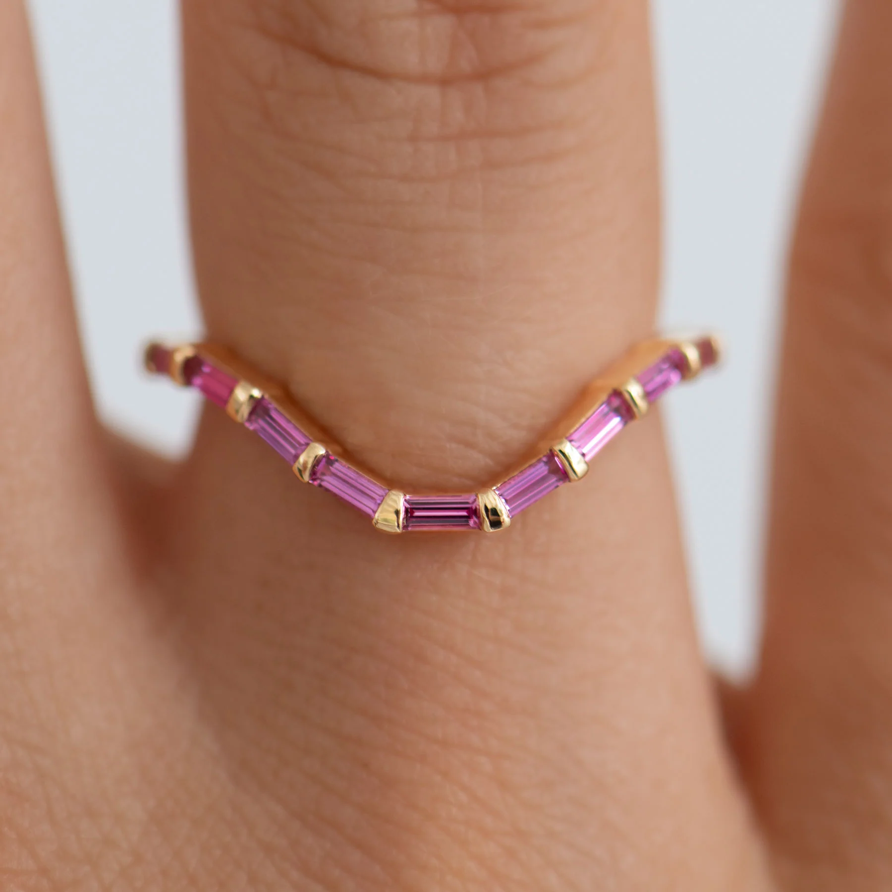 Curved Pink Baguette Sapphire Ring - Image 5