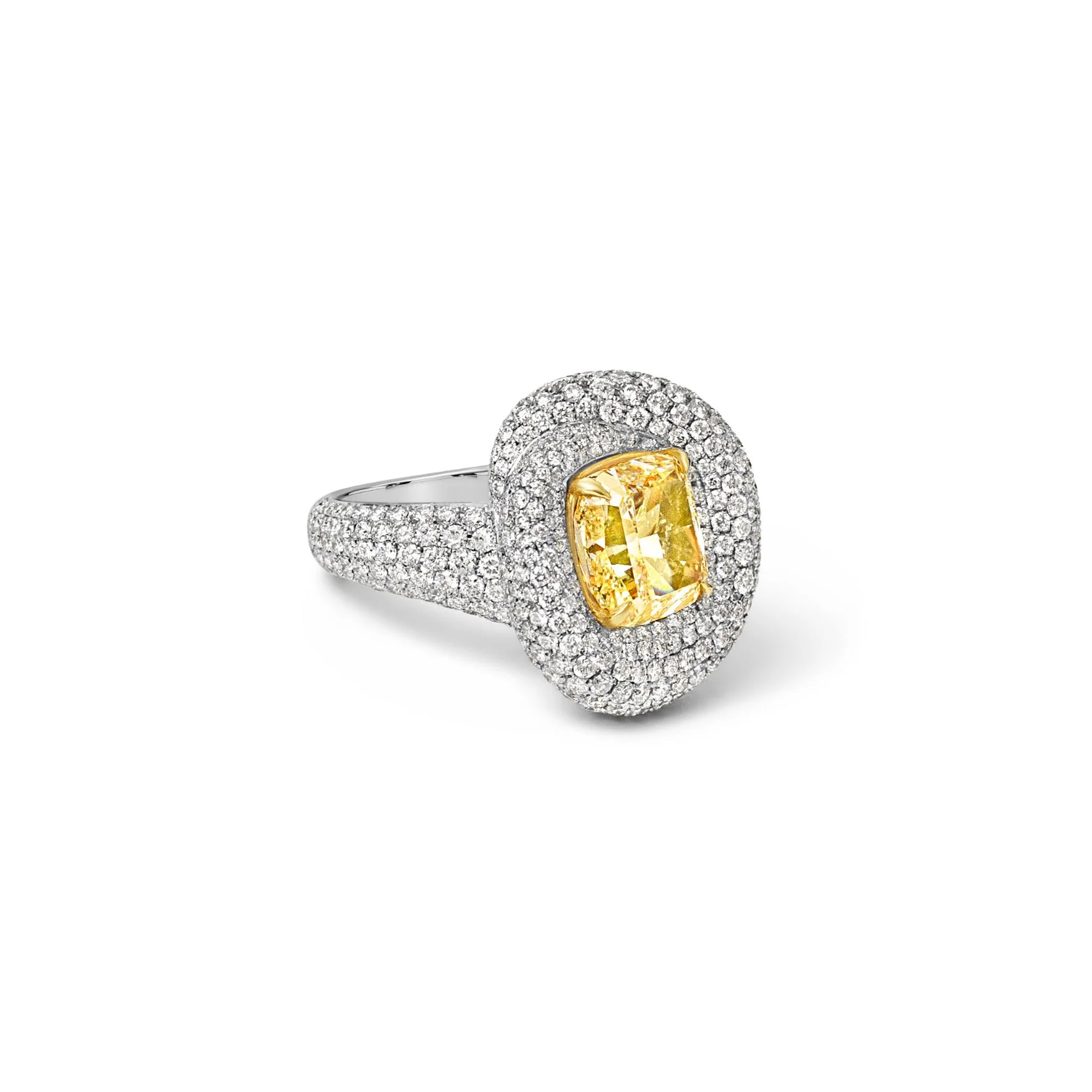 Cushion-Cut Yellow Diamond Ring with Sculpted Pavé Halo - Image 2