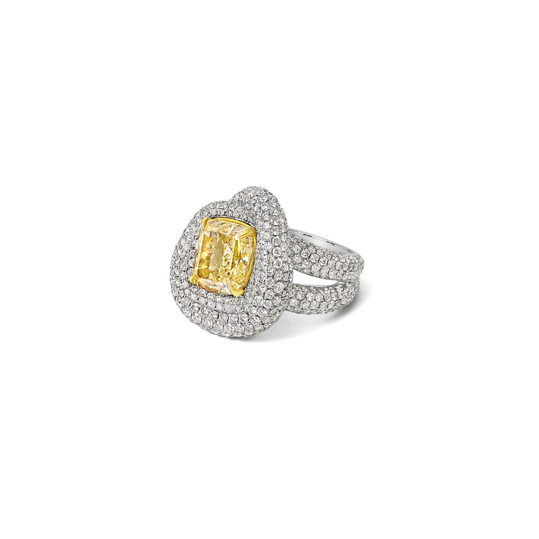 Cushion-Cut Yellow Diamond Ring with Sculpted Pavé Halo - Image 4