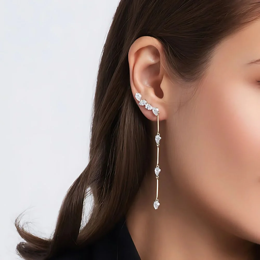 Pear Diamond Ear Climbers With Pear Diamond Drops - Image 2