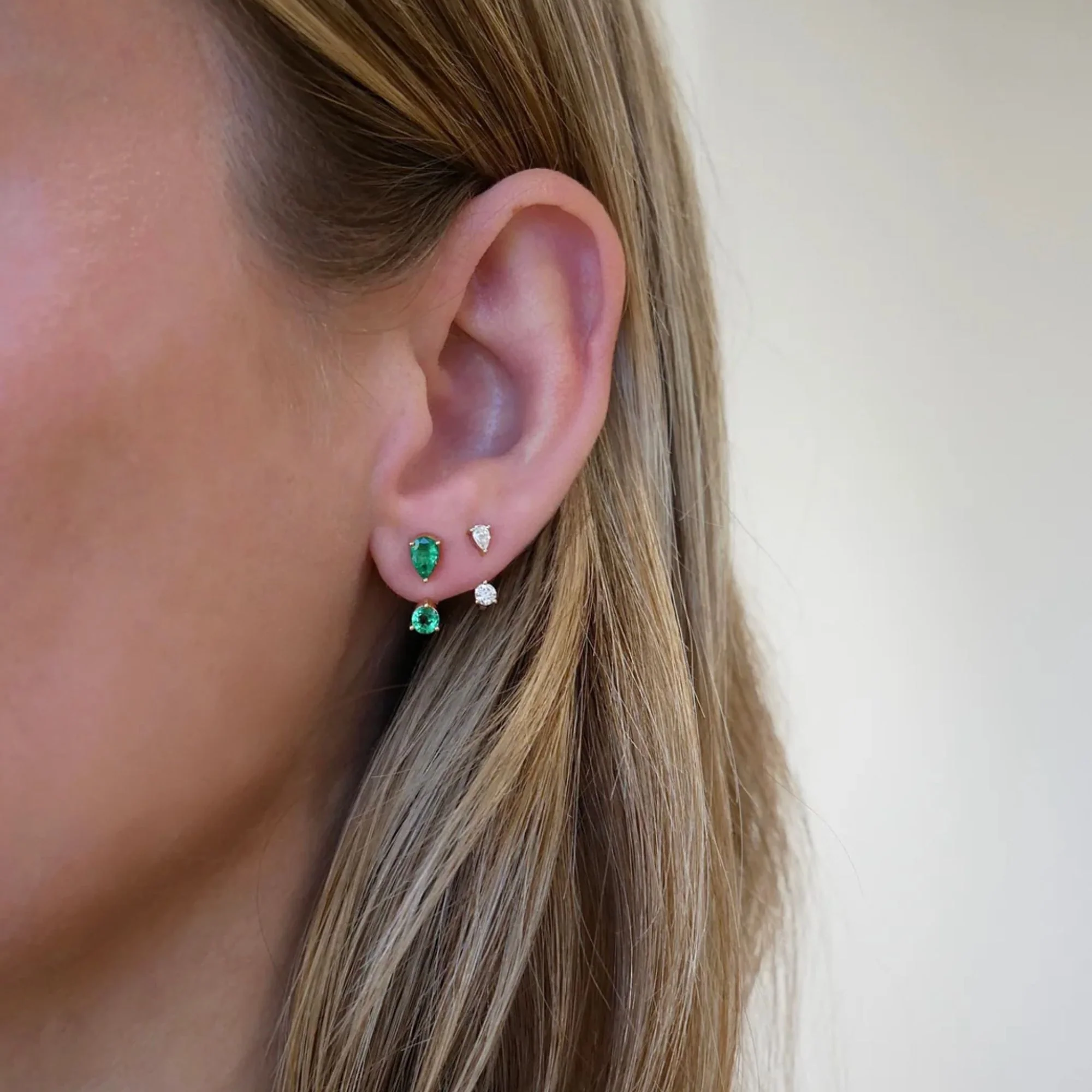 Emerald Pear & Round Illusion Stud Earrings - Image 2