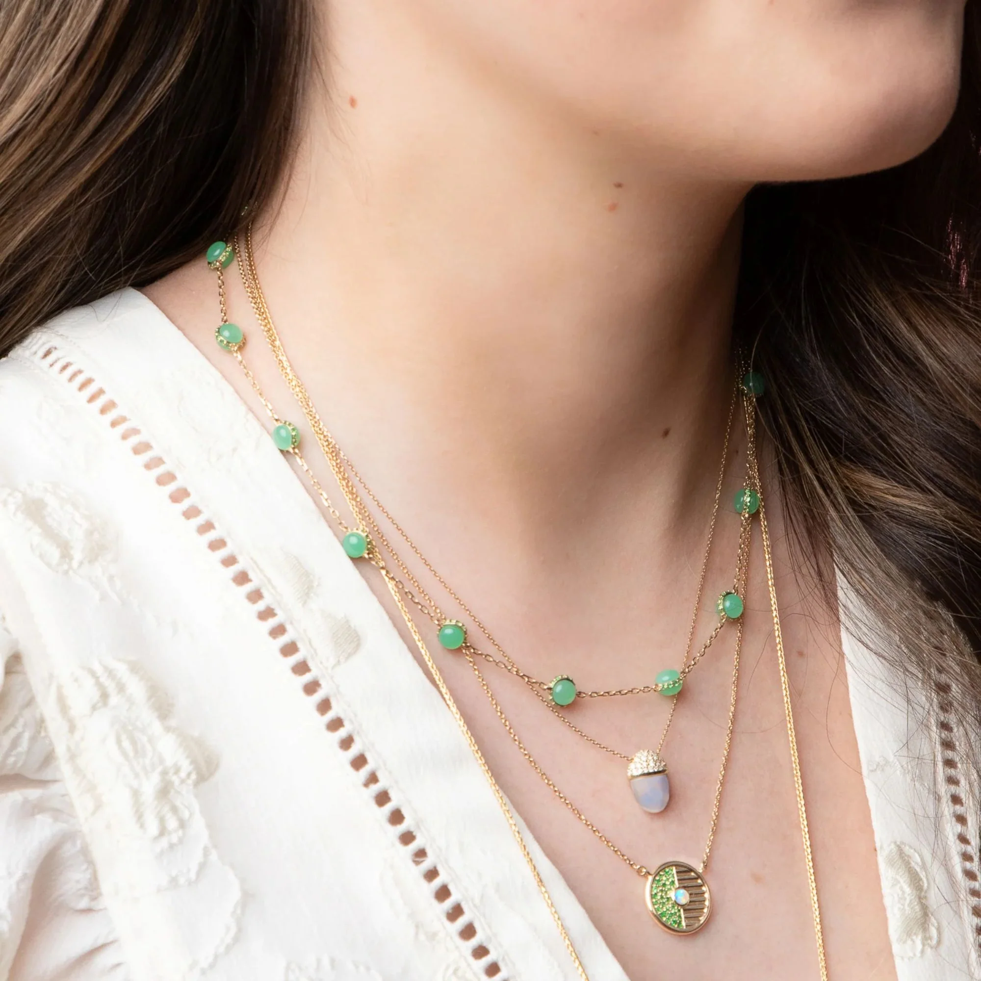 Found Cabochon Chrysoprase & Tsavorite Station Necklace - Image 2