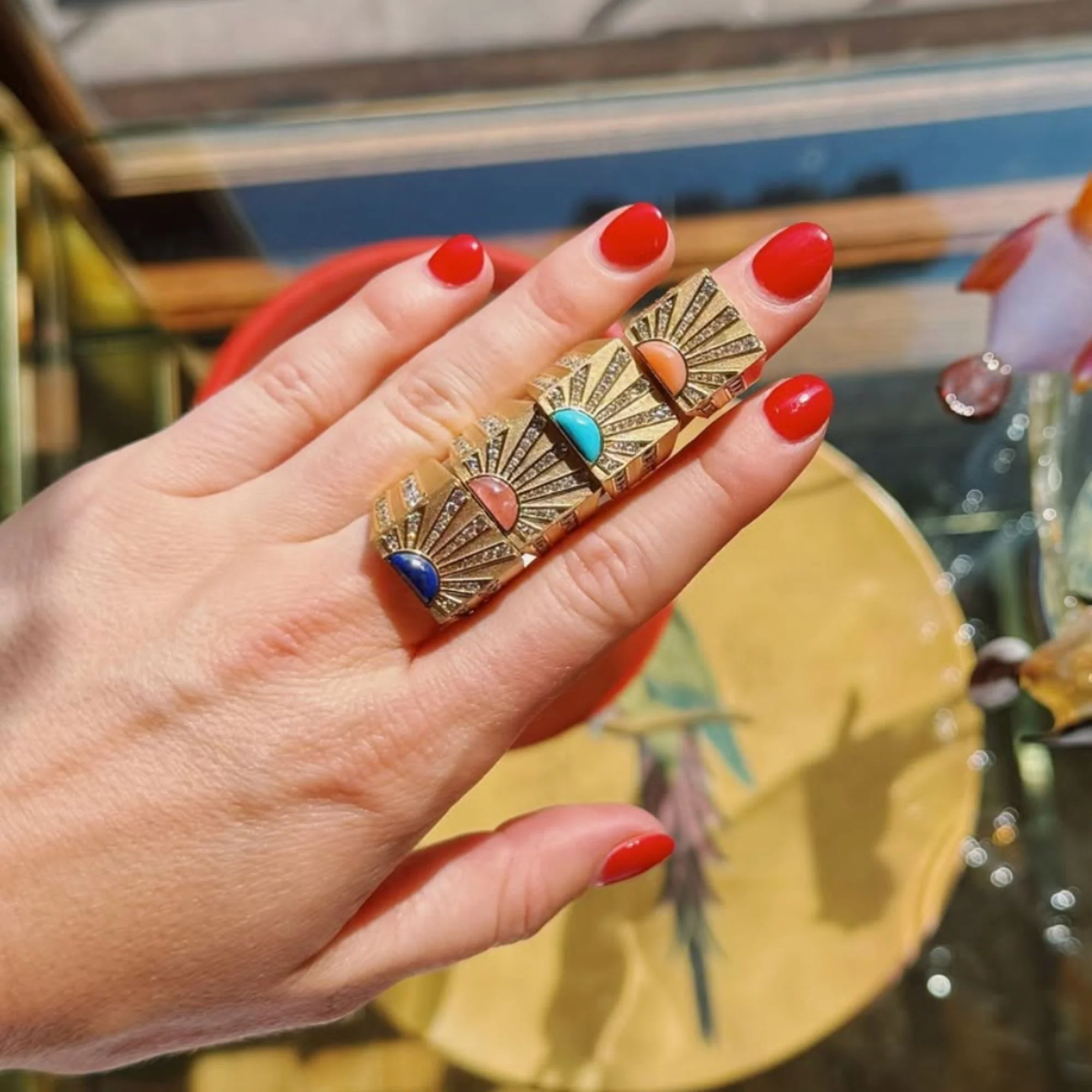Gold and Diamond Sun Ray Signet Ring with Lapis - Image 2