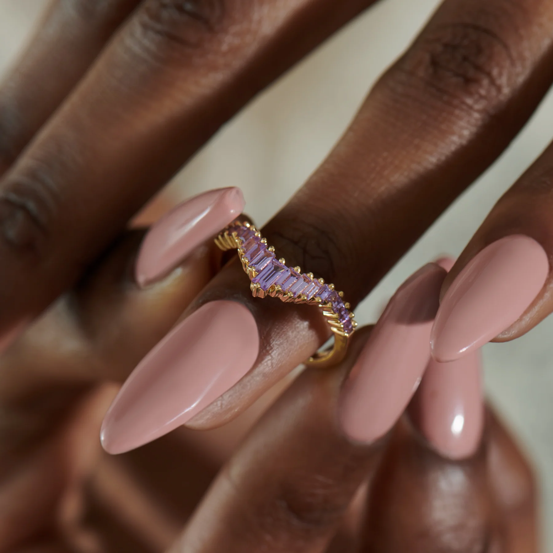 Lilac Sapphire Baguette Curved Tiara Ring - Image 4