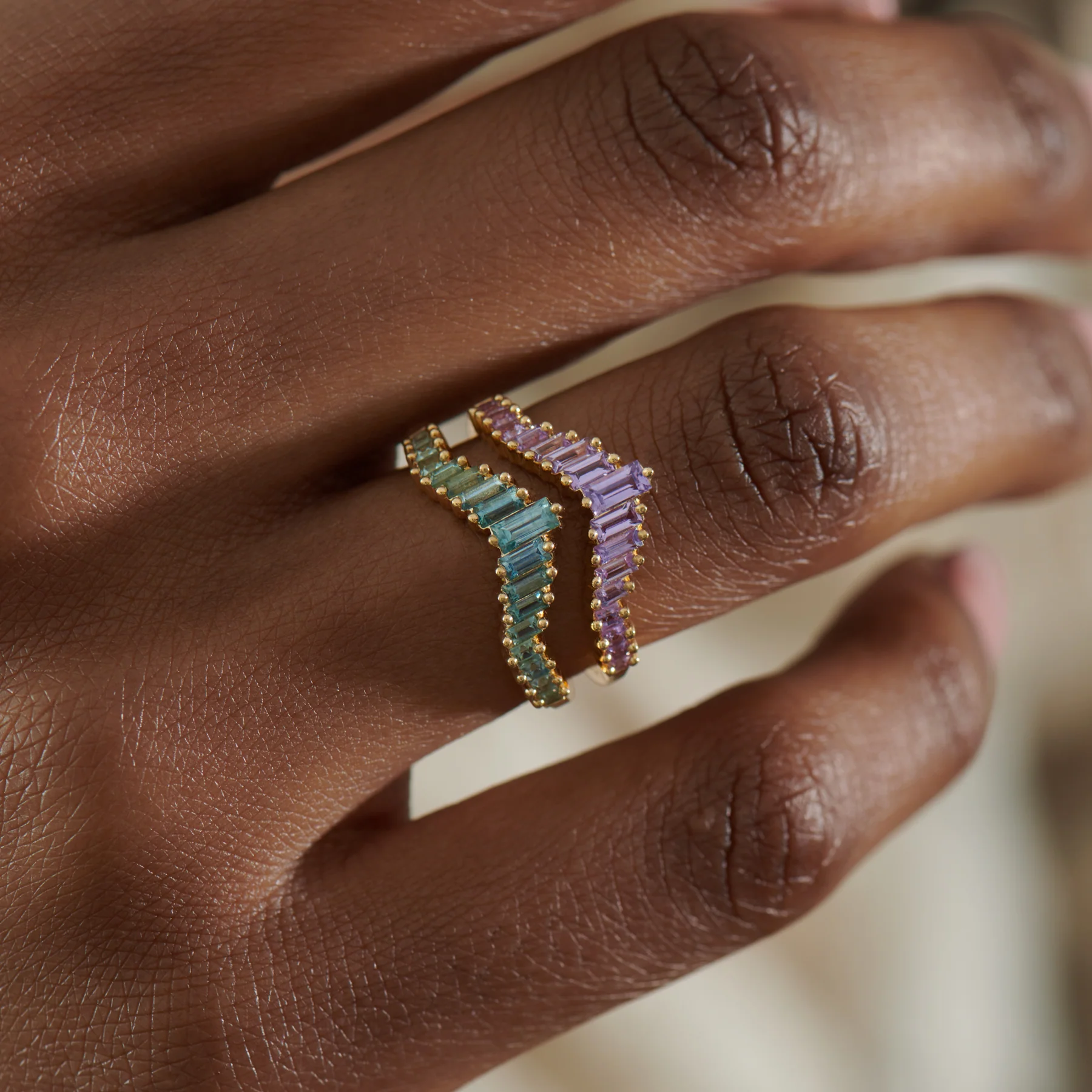 Lilac Sapphire Baguette Curved Tiara Ring - Image 6