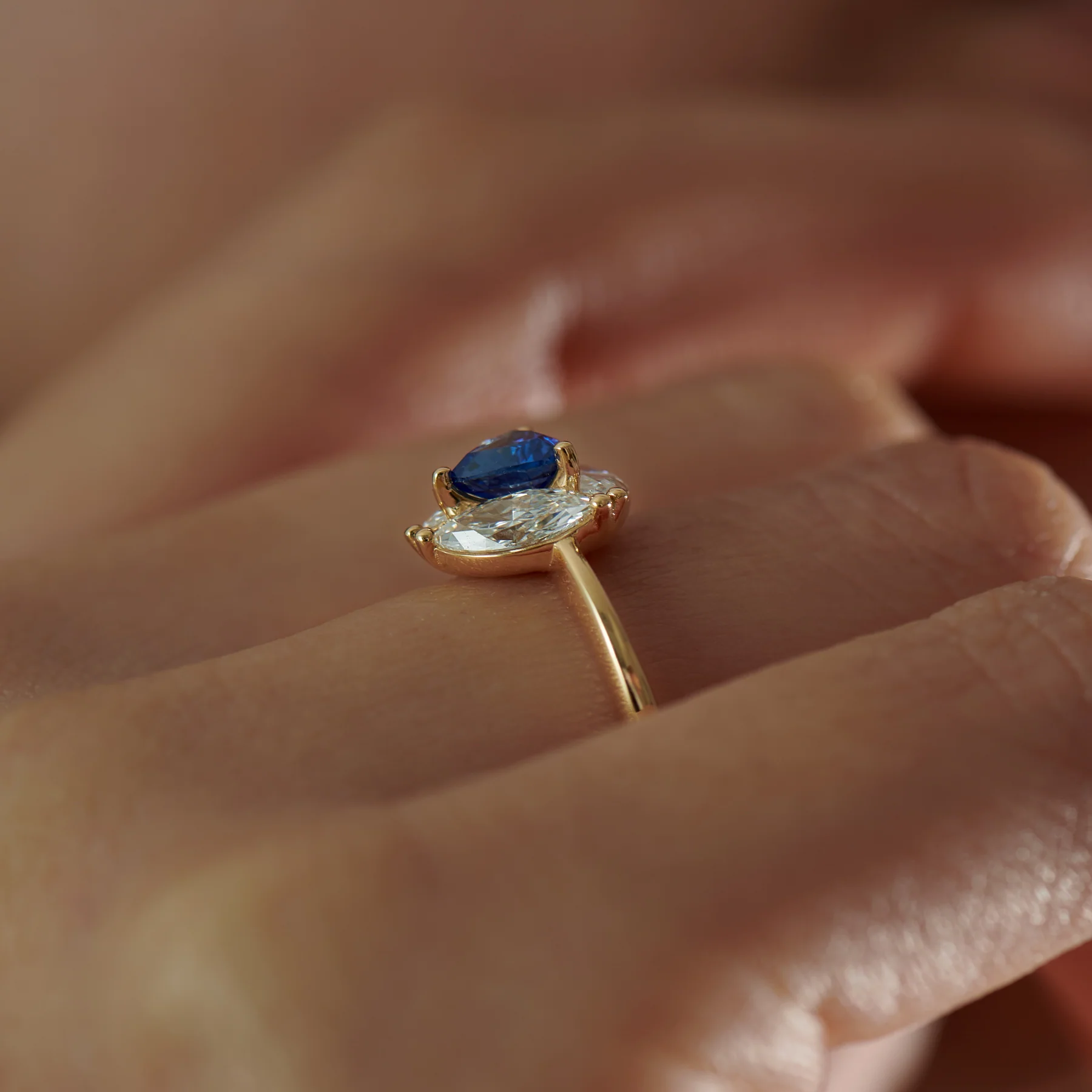 Marquise Diamond and Royal Blue Trillion Sapphire Engagement Ring - Image 3