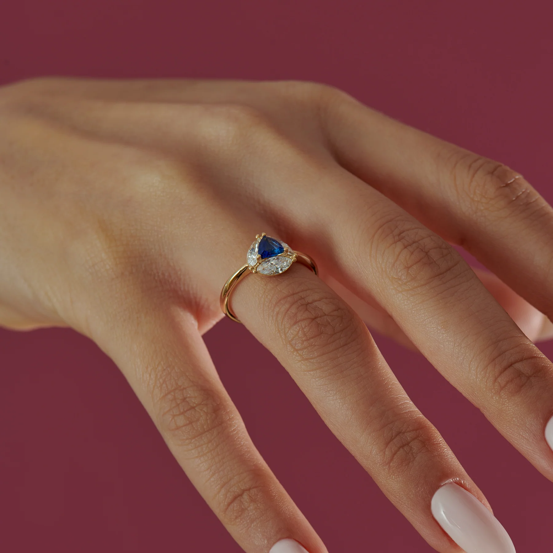 Marquise Diamond and Royal Blue Trillion Sapphire Engagement Ring - Image 4