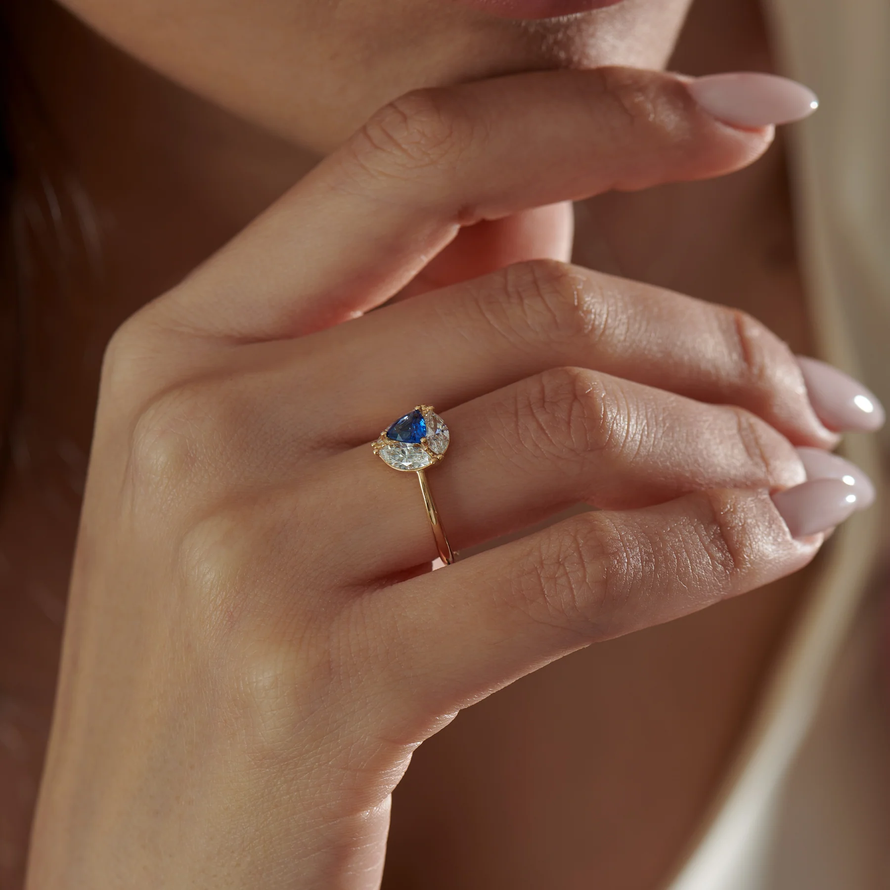 Marquise Diamond and Royal Blue Trillion Sapphire Engagement Ring - Image 5