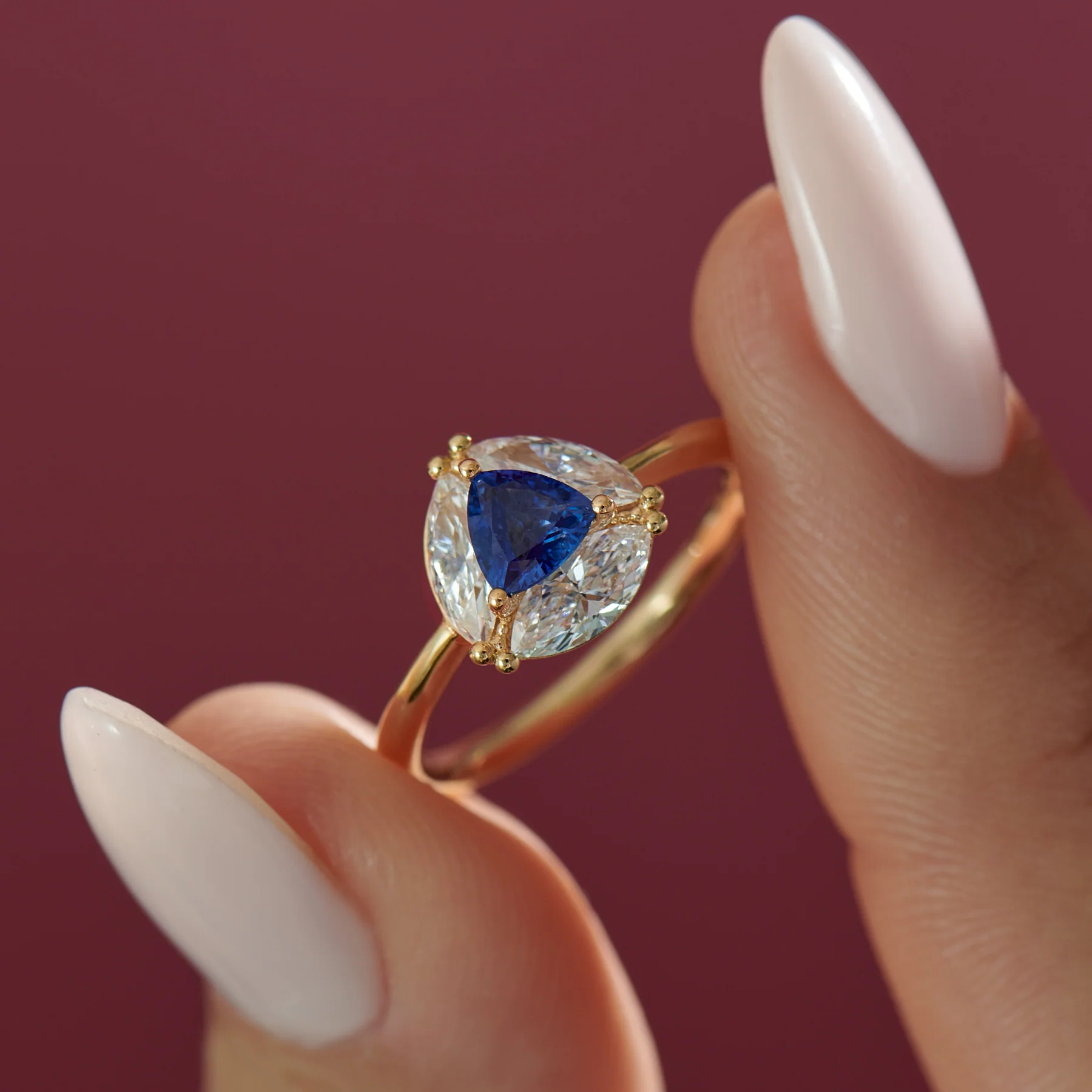 Marquise Diamond and Royal Blue Trillion Sapphire Engagement Ring - Image 7