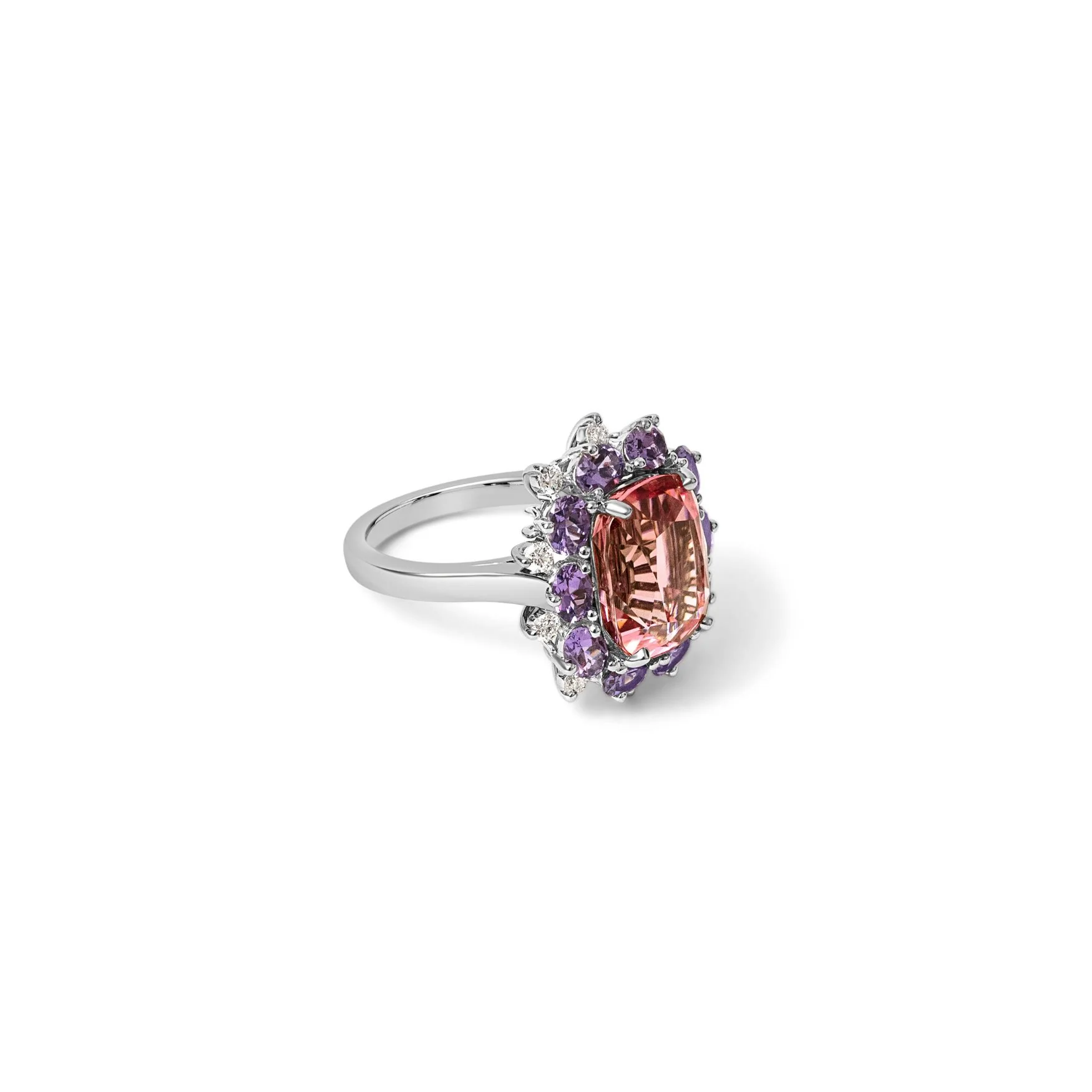 Pink Tourmaline With Purple Sapphire & Diamond Halo Ring - Image 2