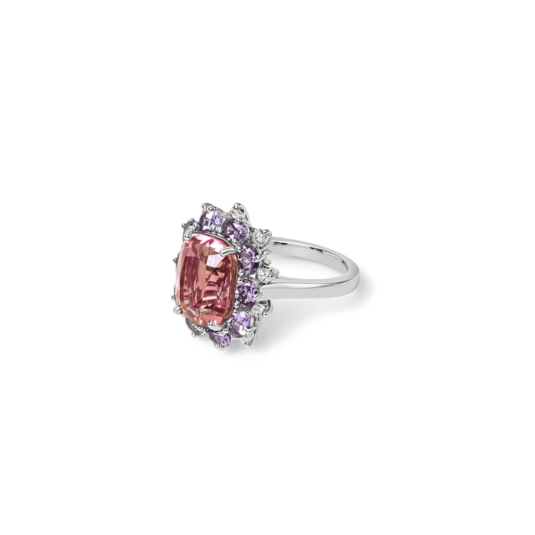 Pink Tourmaline With Purple Sapphire & Diamond Halo Ring - Image 5