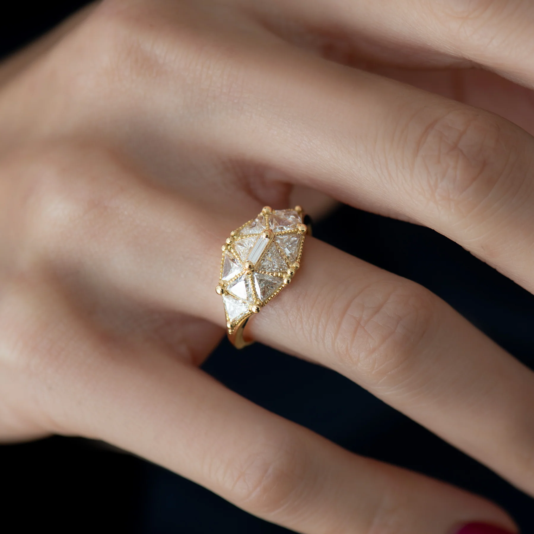 Reflective Dome Ring with Ten Triangle Cut Diamonds - Image 2