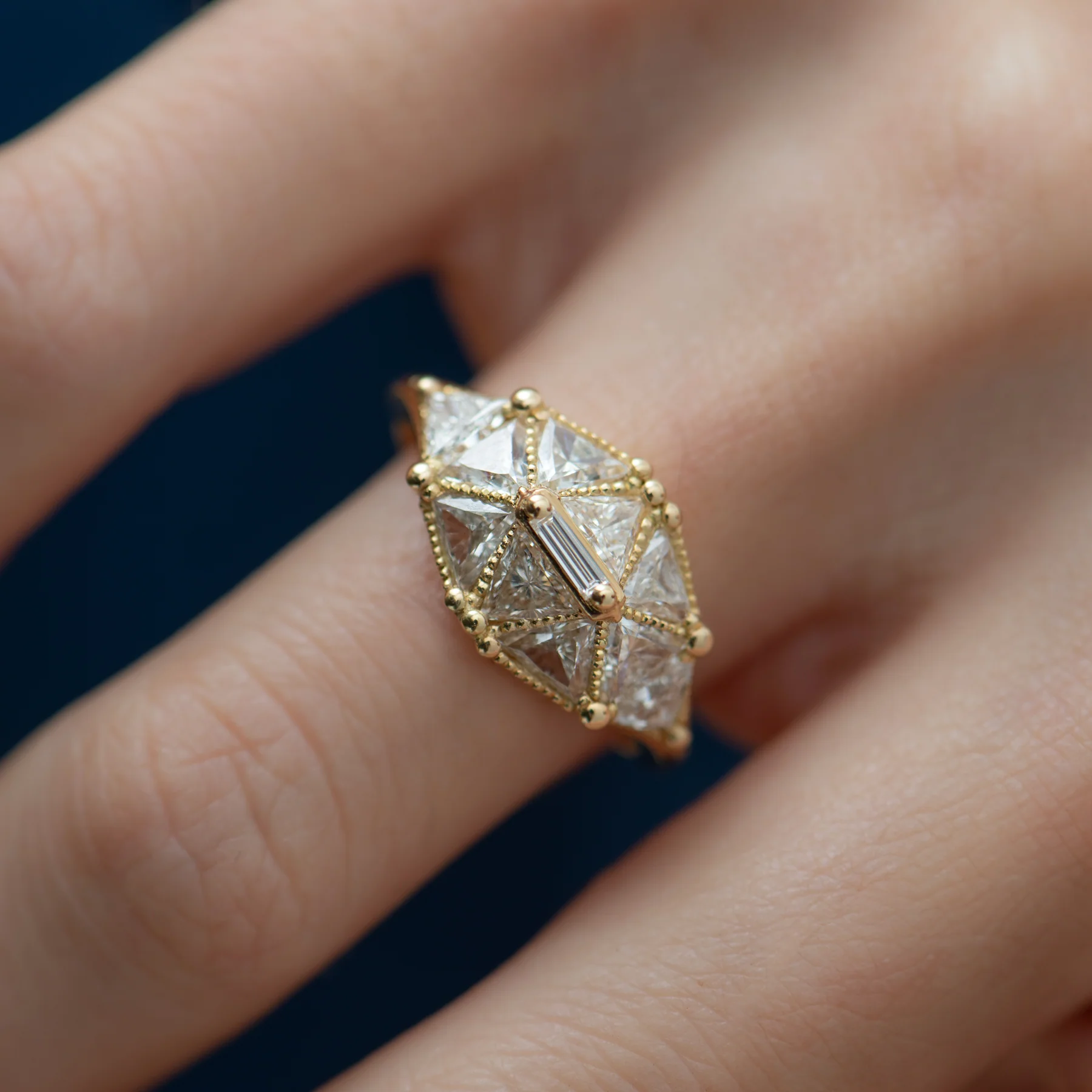 Reflective Dome Ring with Ten Triangle Cut Diamonds - Image 3
