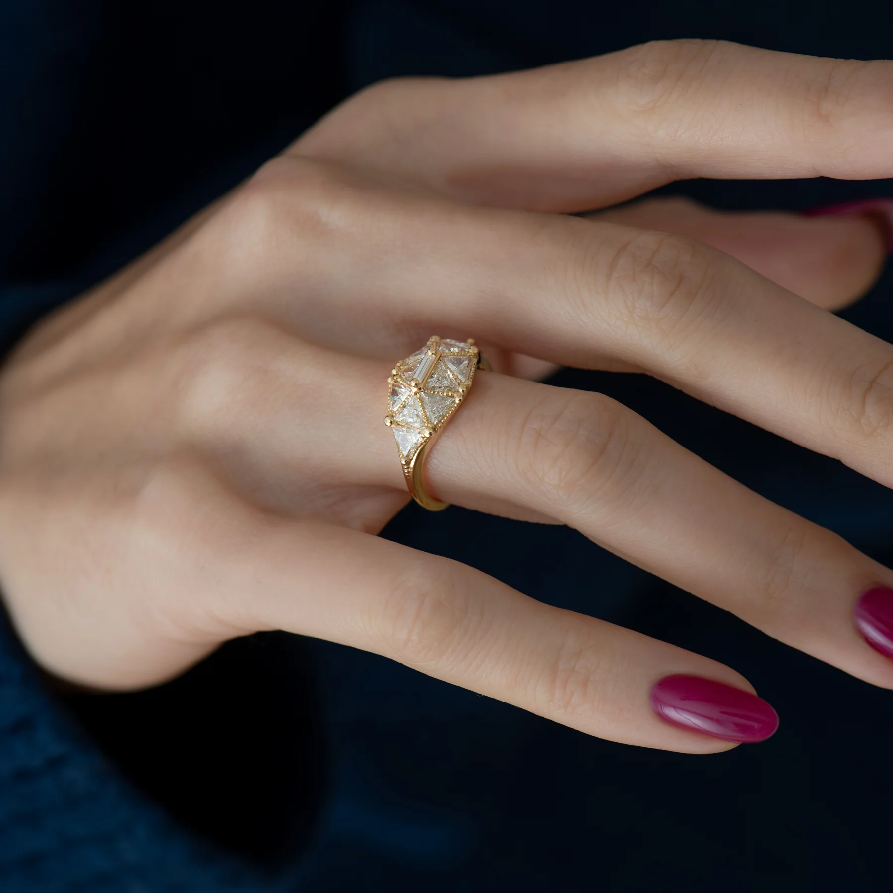 Reflective Dome Ring with Ten Triangle Cut Diamonds - Image 5