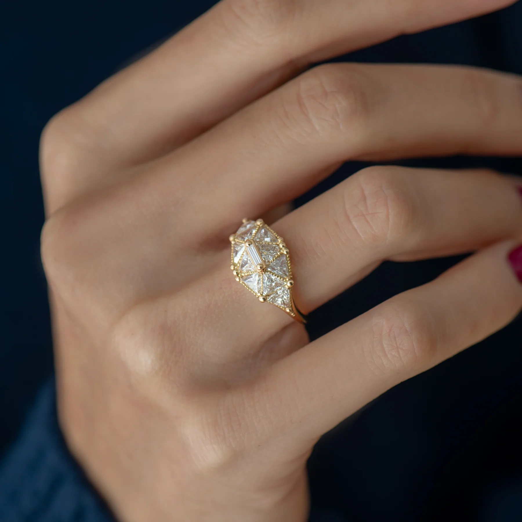Reflective Dome Ring with Ten Triangle Cut Diamonds - Image 6