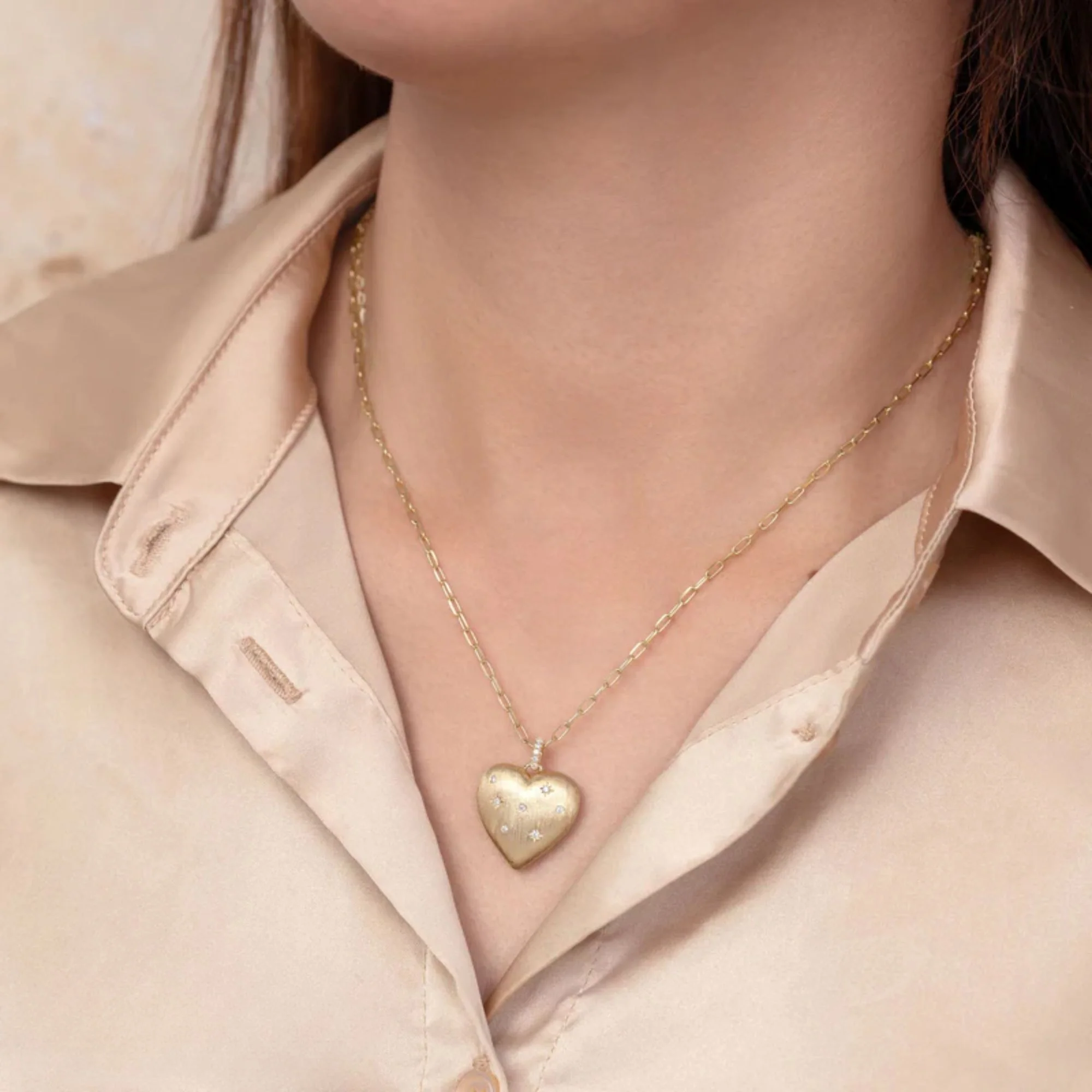 Scattered Diamond Brushed Satin Heart Paperclip Necklace - Image 2