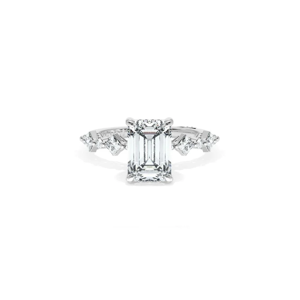 Sculpted Crescent Solitaire Engagement Ring with Alternating Carre & Round Diamond Band - Image 13