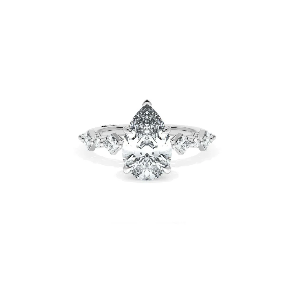 Sculpted Crescent Solitaire Engagement Ring with Alternating Carre & Round Diamond Band - Image 16