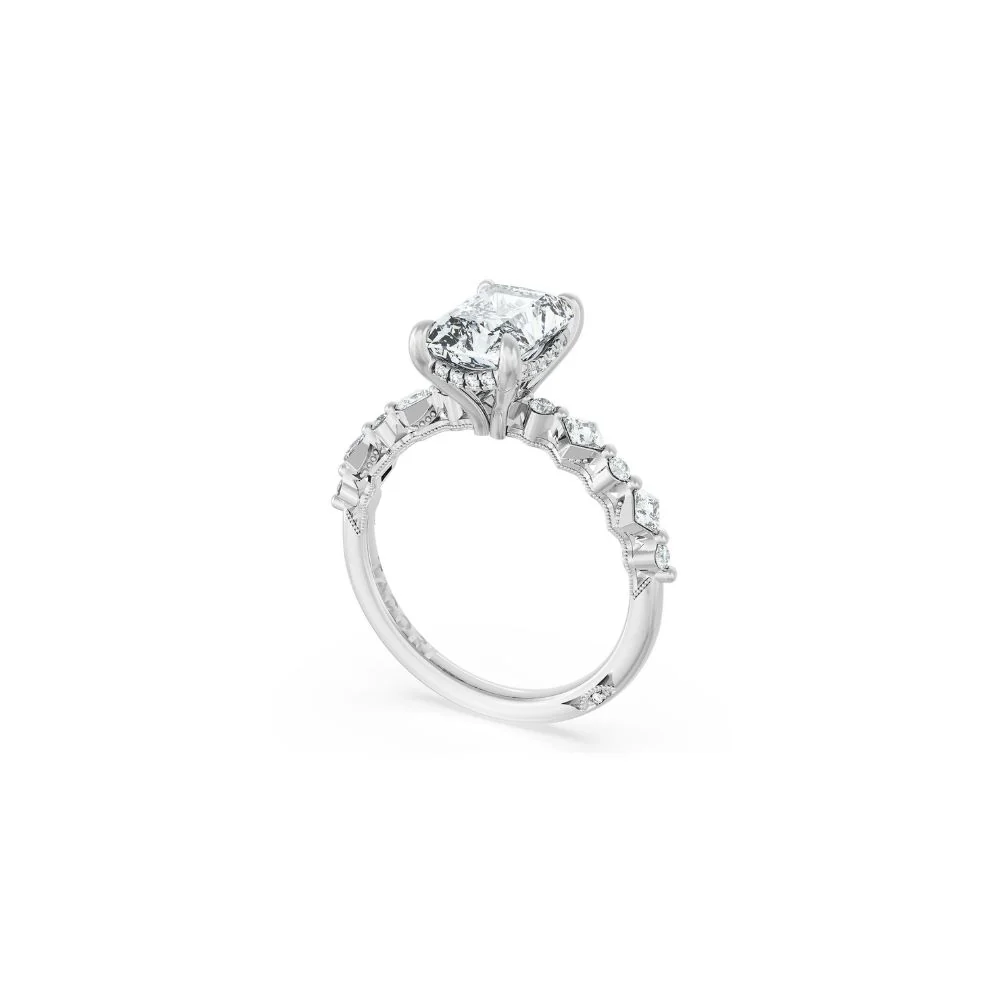 Sculpted Crescent Solitaire Engagement Ring with Alternating Carre & Round Diamond Band - Image 2