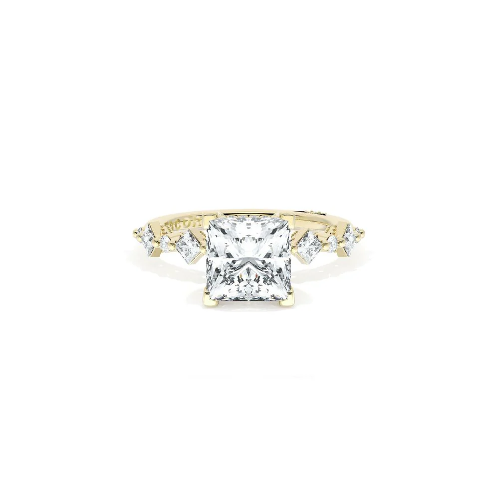 Sculpted Crescent Solitaire Engagement Ring with Alternating Carre & Round Diamond Band - Image 23