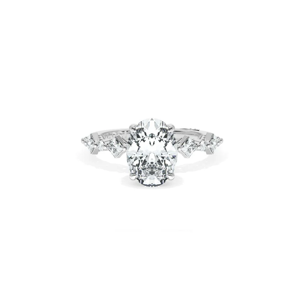 Sculpted Crescent Solitaire Engagement Ring with Alternating Carre & Round Diamond Band - Image 9