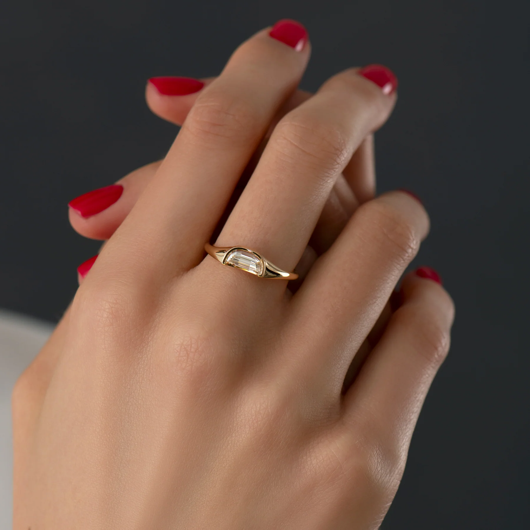 Solitaire Diamond Engagement Ring with Step Cut Half Moon Diamond - Image 3