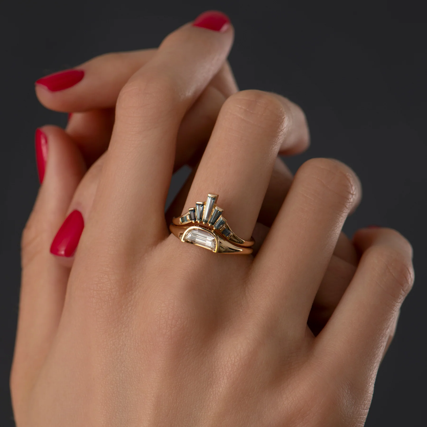 Solitaire Diamond Engagement Ring with Step Cut Half Moon Diamond - Image 6