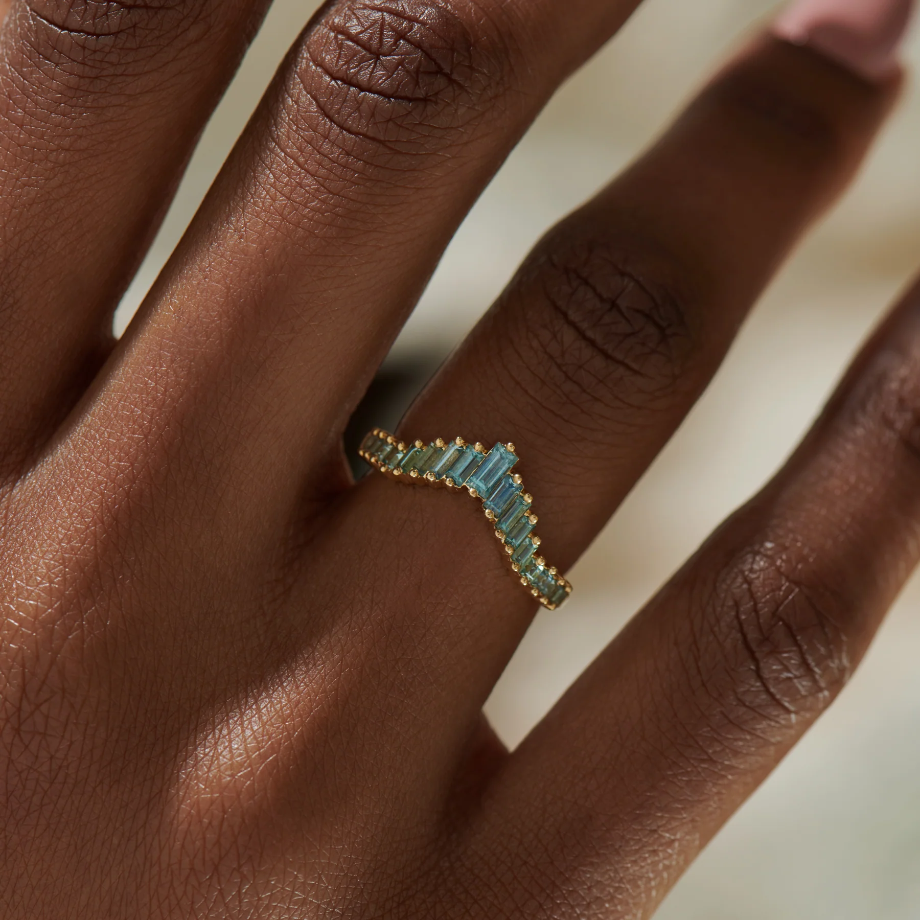 Teal Sapphire Baguette Curved Tiara Ring - Image 3