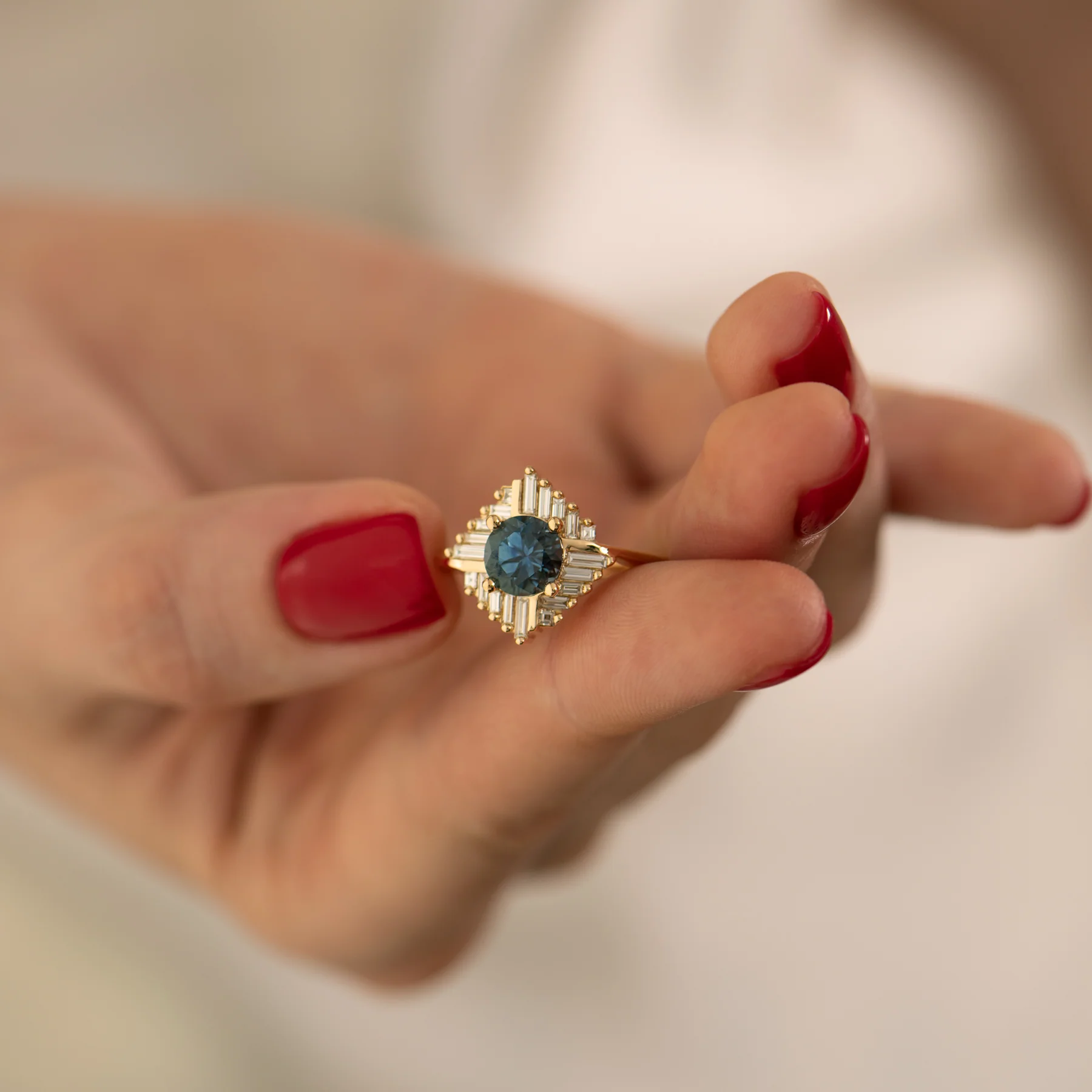 Teal Sapphire "Oasis" Engagement ring with Geometric Baguette Diamonds - Image 3
