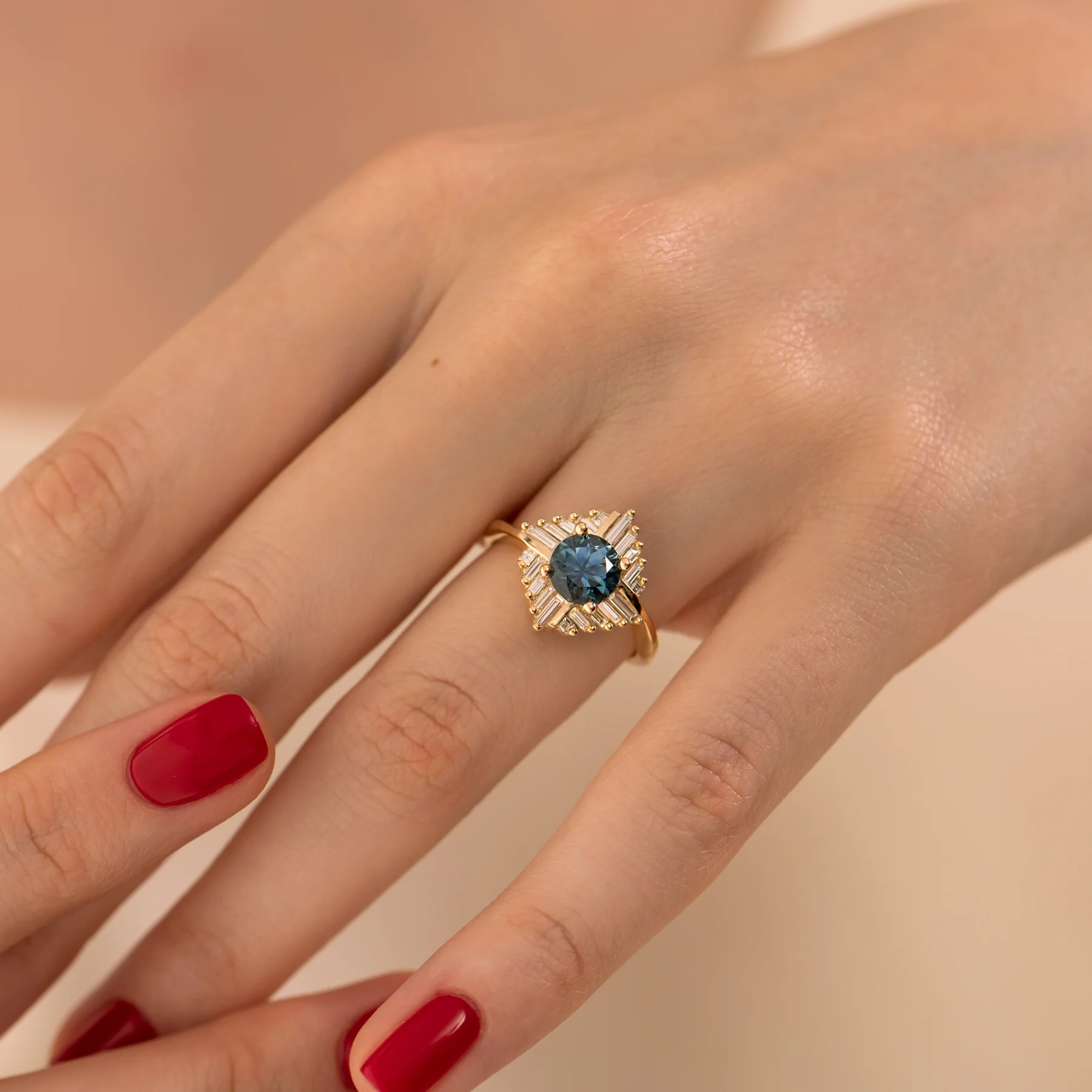 Teal Sapphire "Oasis" Engagement ring with Geometric Baguette Diamonds - Image 4