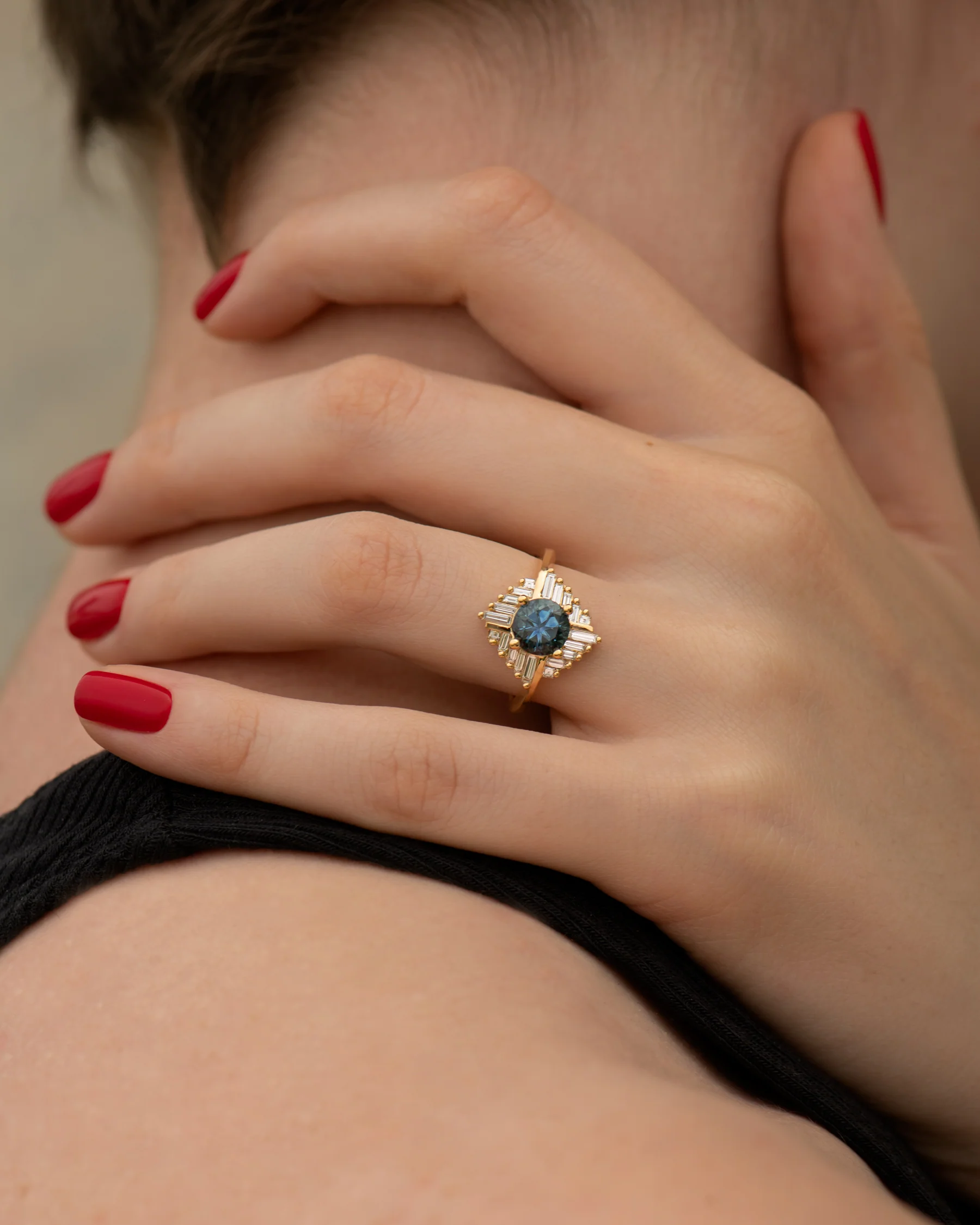 Teal Sapphire "Oasis" Engagement ring with Geometric Baguette Diamonds - Image 5