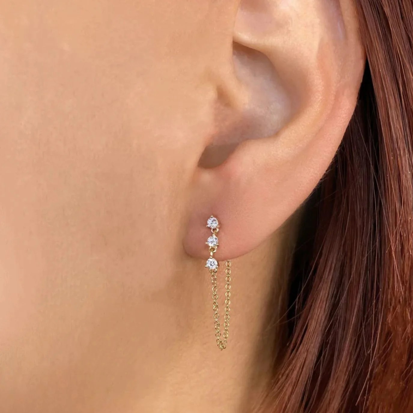 Three Diamond Drop Chain Earrings - Image 2