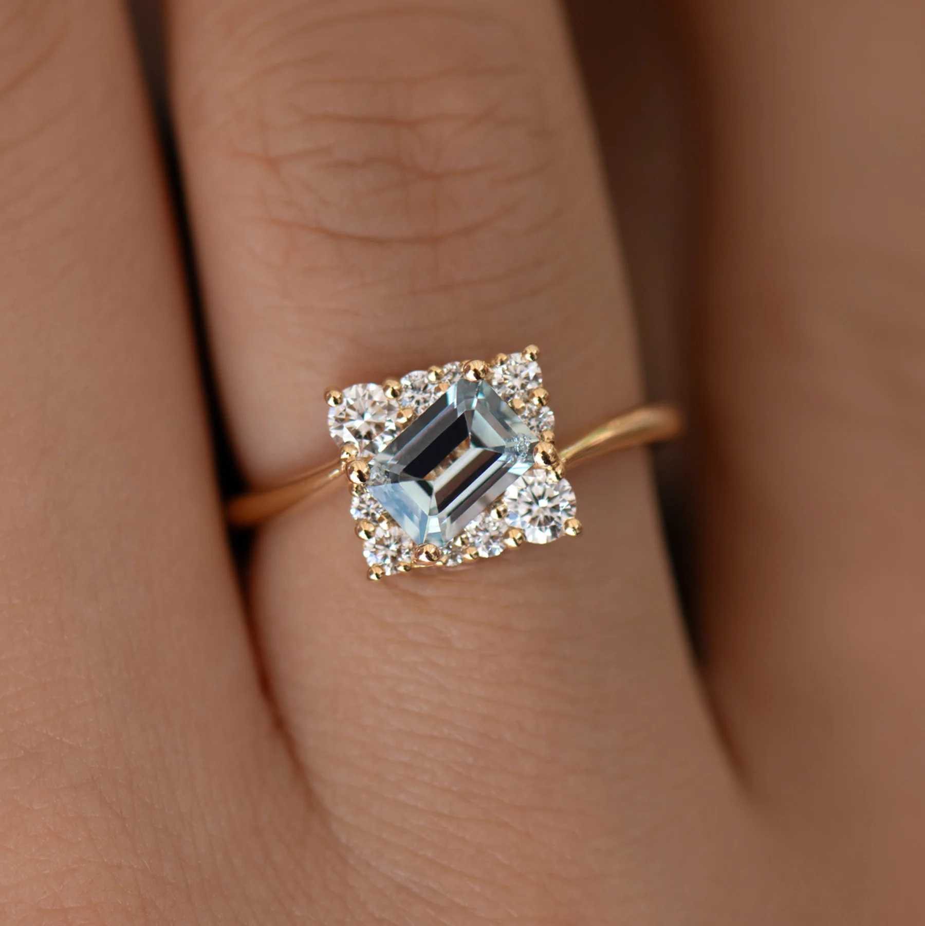 Tilted Sky Blue Sapphire with Diamond Frame Engagement Ring - Image 2