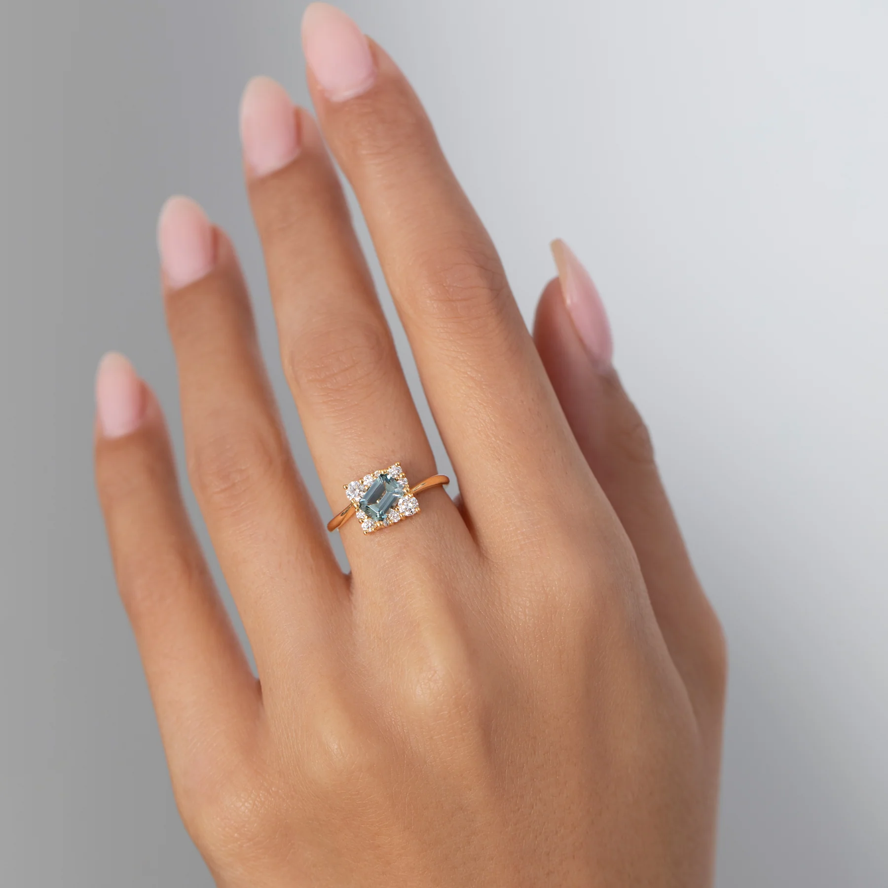 Tilted Sky Blue Sapphire with Diamond Frame Engagement Ring - Image 3