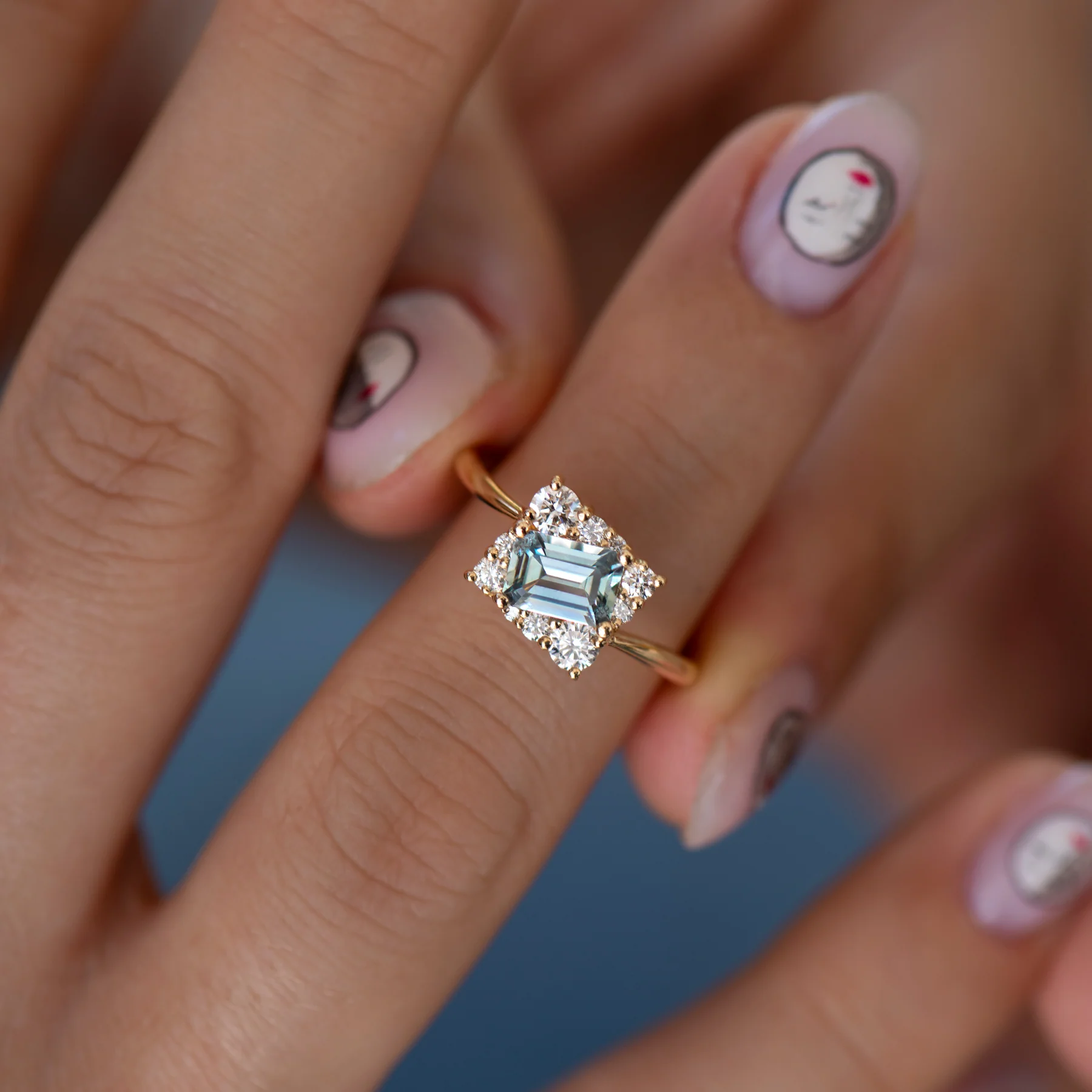 Tilted Sky Blue Sapphire with Diamond Frame Engagement Ring - Image 4