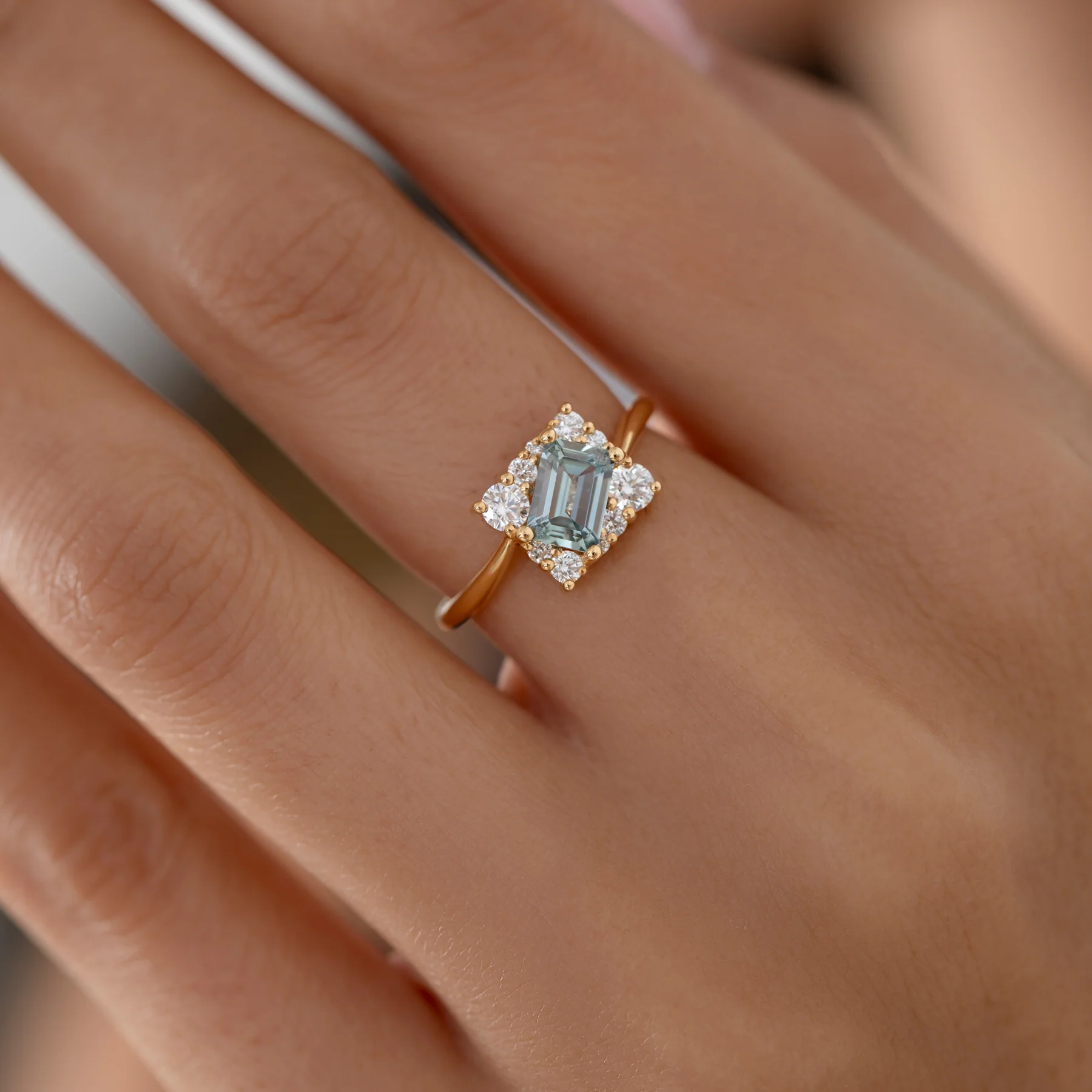 Tilted Sky Blue Sapphire with Diamond Frame Engagement Ring - Image 5