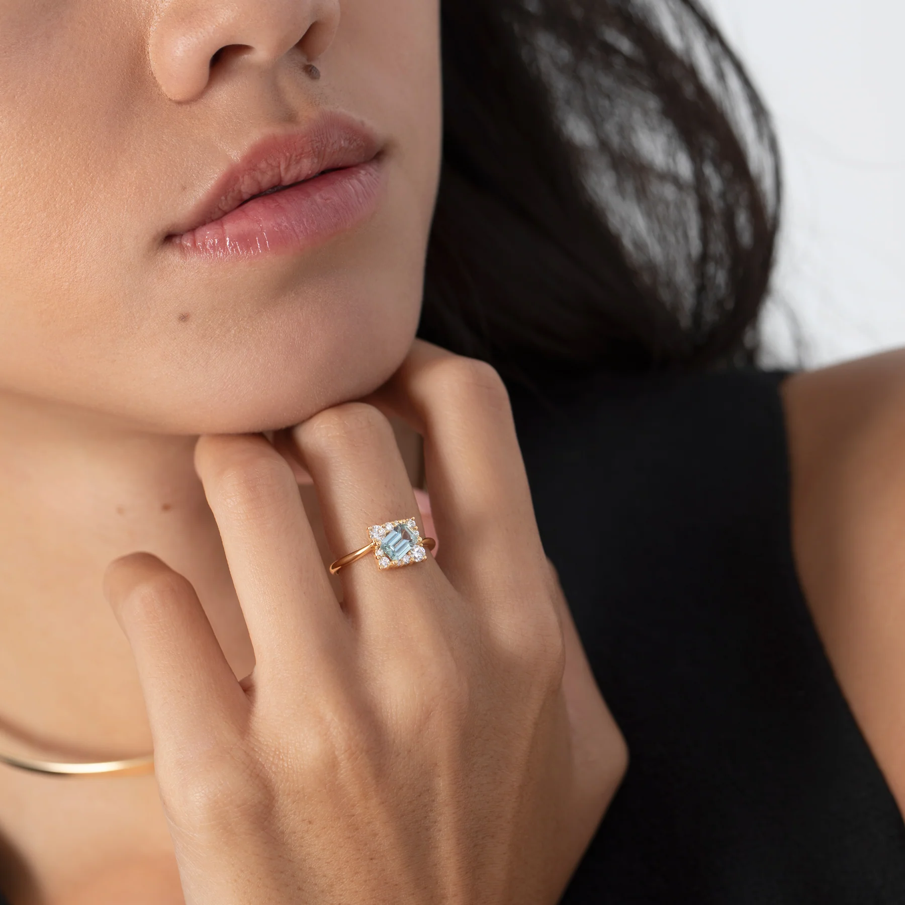 Tilted Sky Blue Sapphire with Diamond Frame Engagement Ring - Image 6