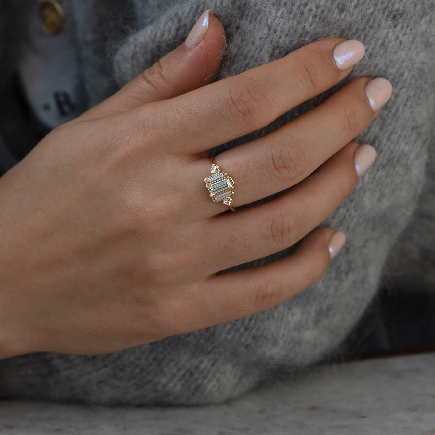 Triple Baguette Diamond Wave Engagement Ring - Image 2