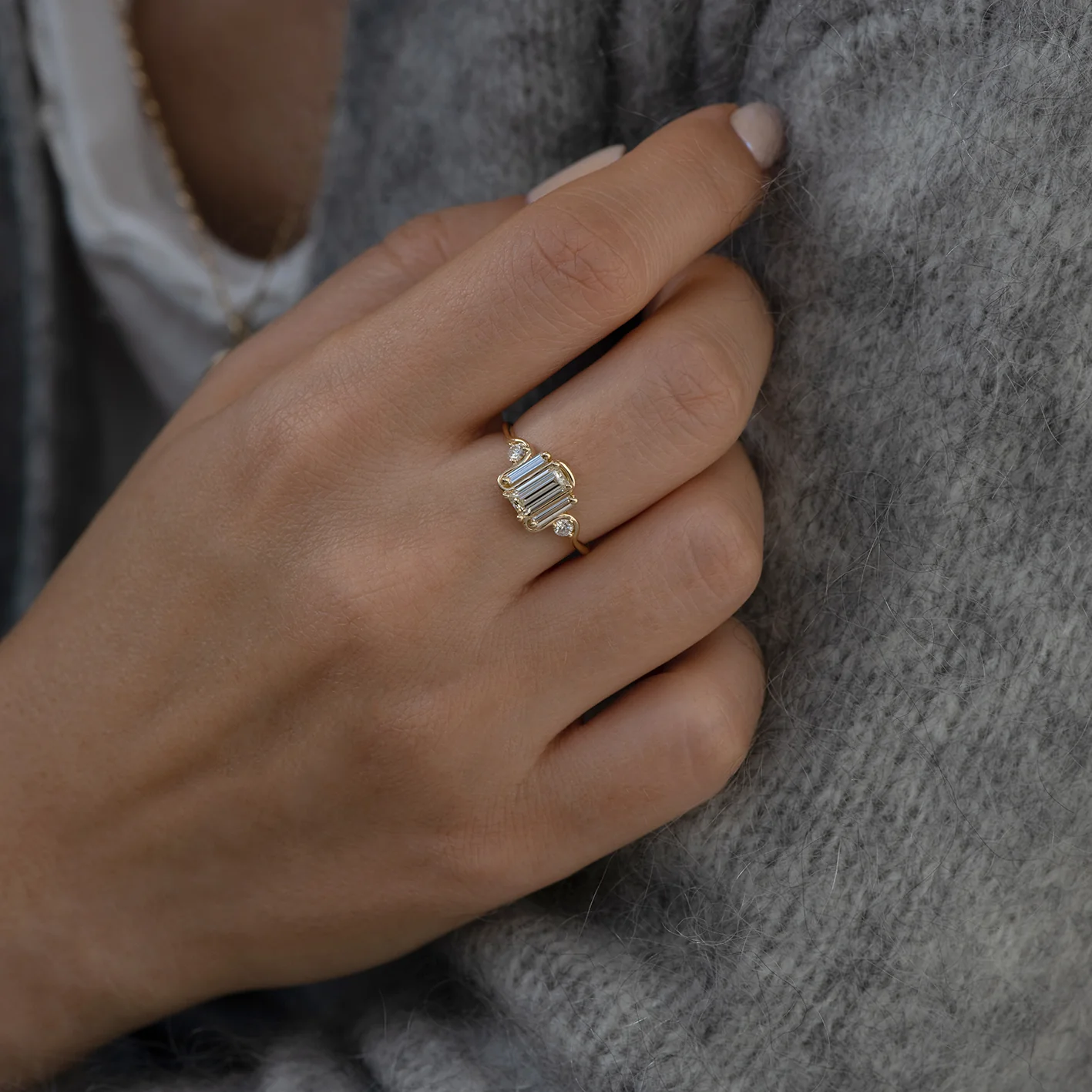Triple Baguette Diamond Wave Engagement Ring - Image 3