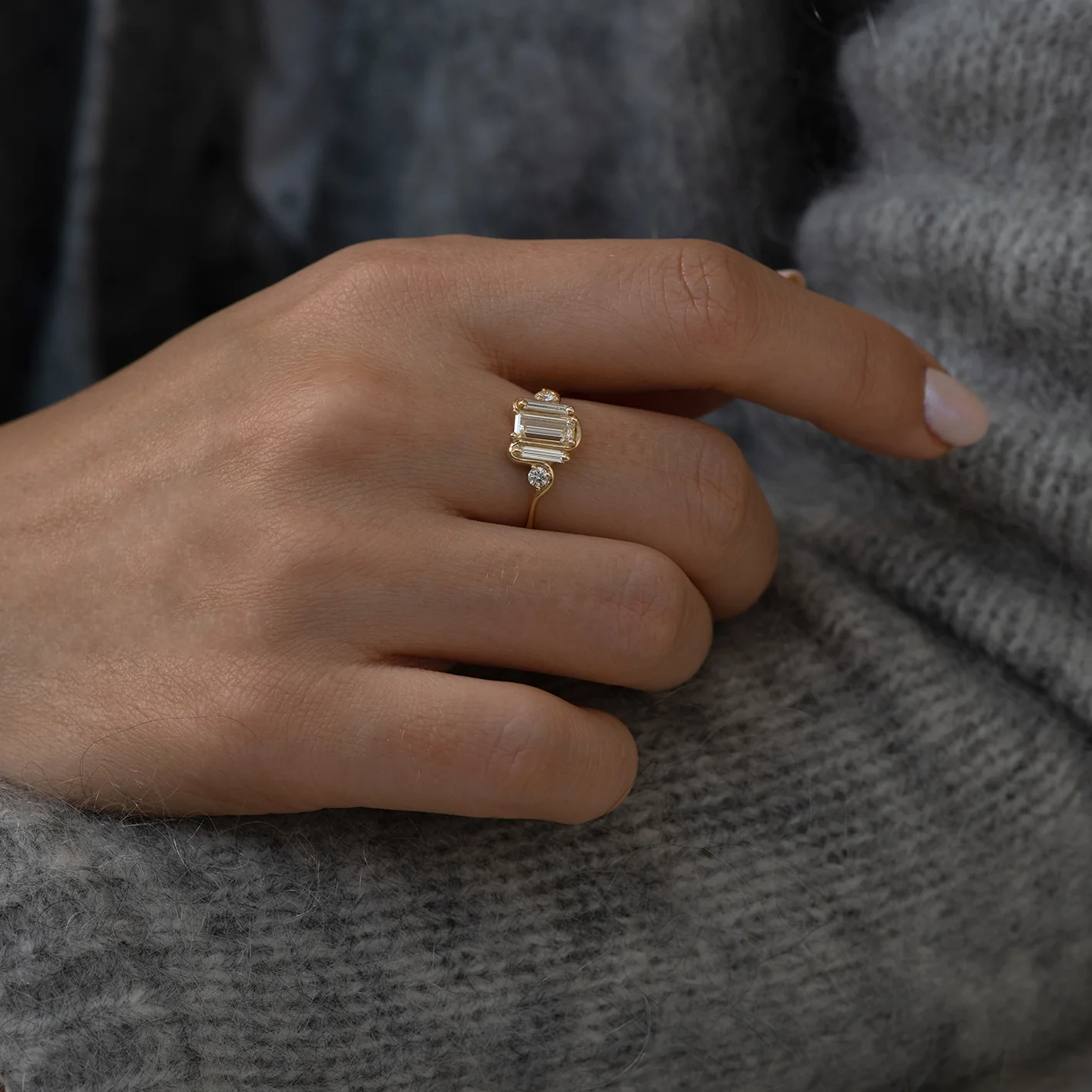 Triple Baguette Diamond Wave Engagement Ring - Image 4