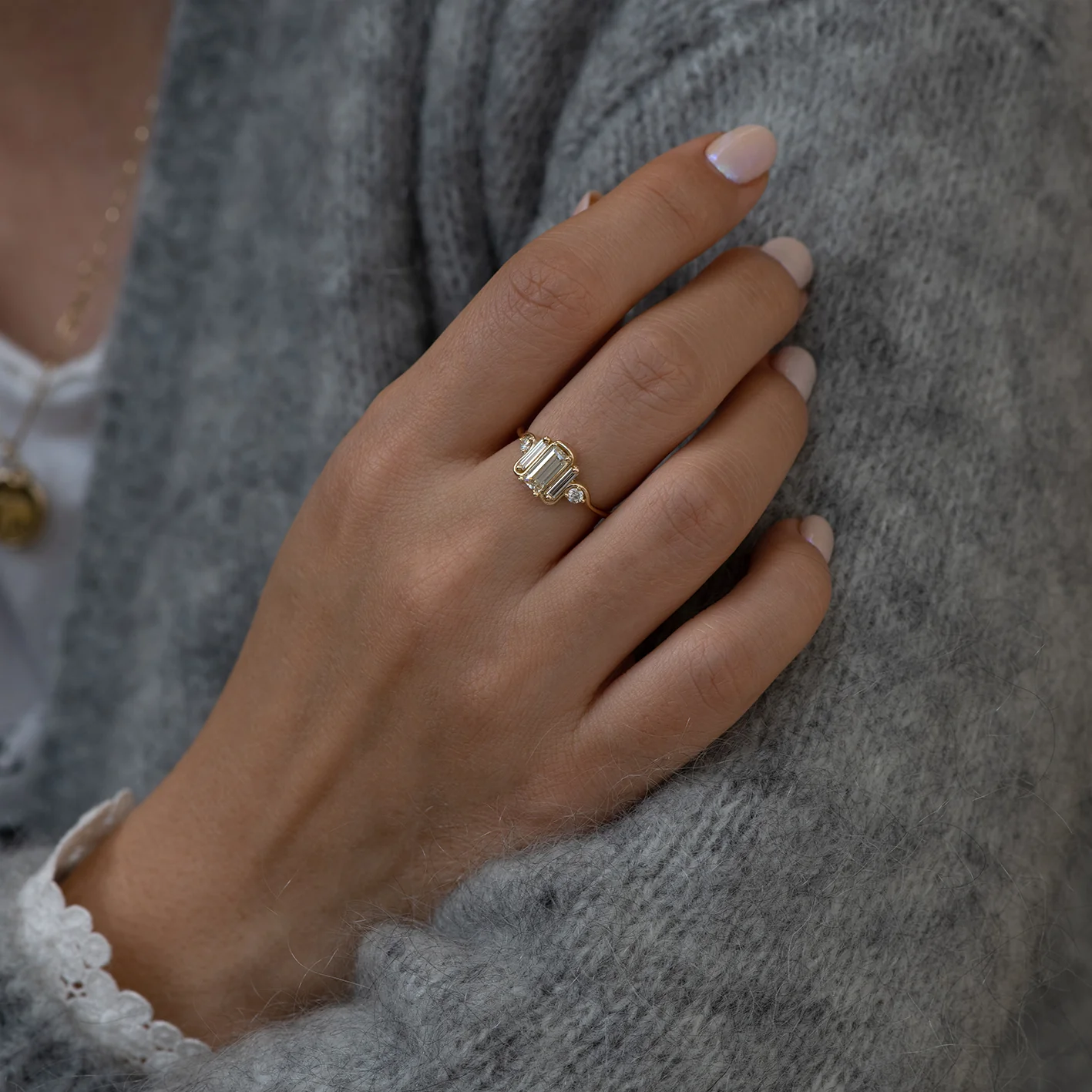 Triple Baguette Diamond Wave Engagement Ring - Image 5