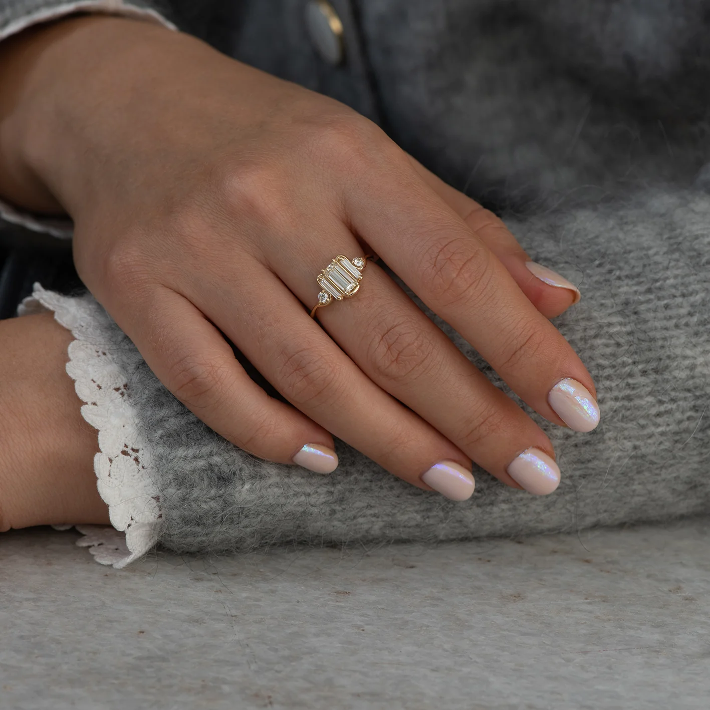 Triple Baguette Diamond Wave Engagement Ring - Image 6
